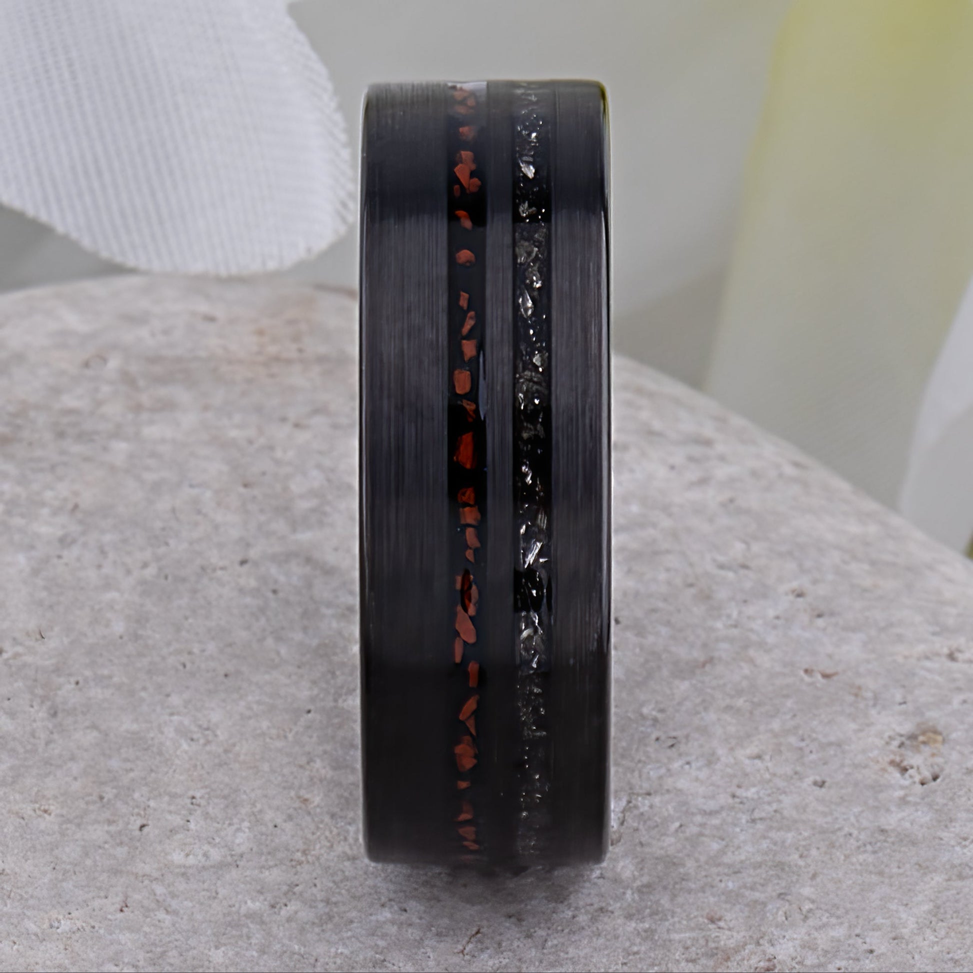 Dinosaur Bone and Meteorite Black Tungsten Wedding Band - 8mm Width