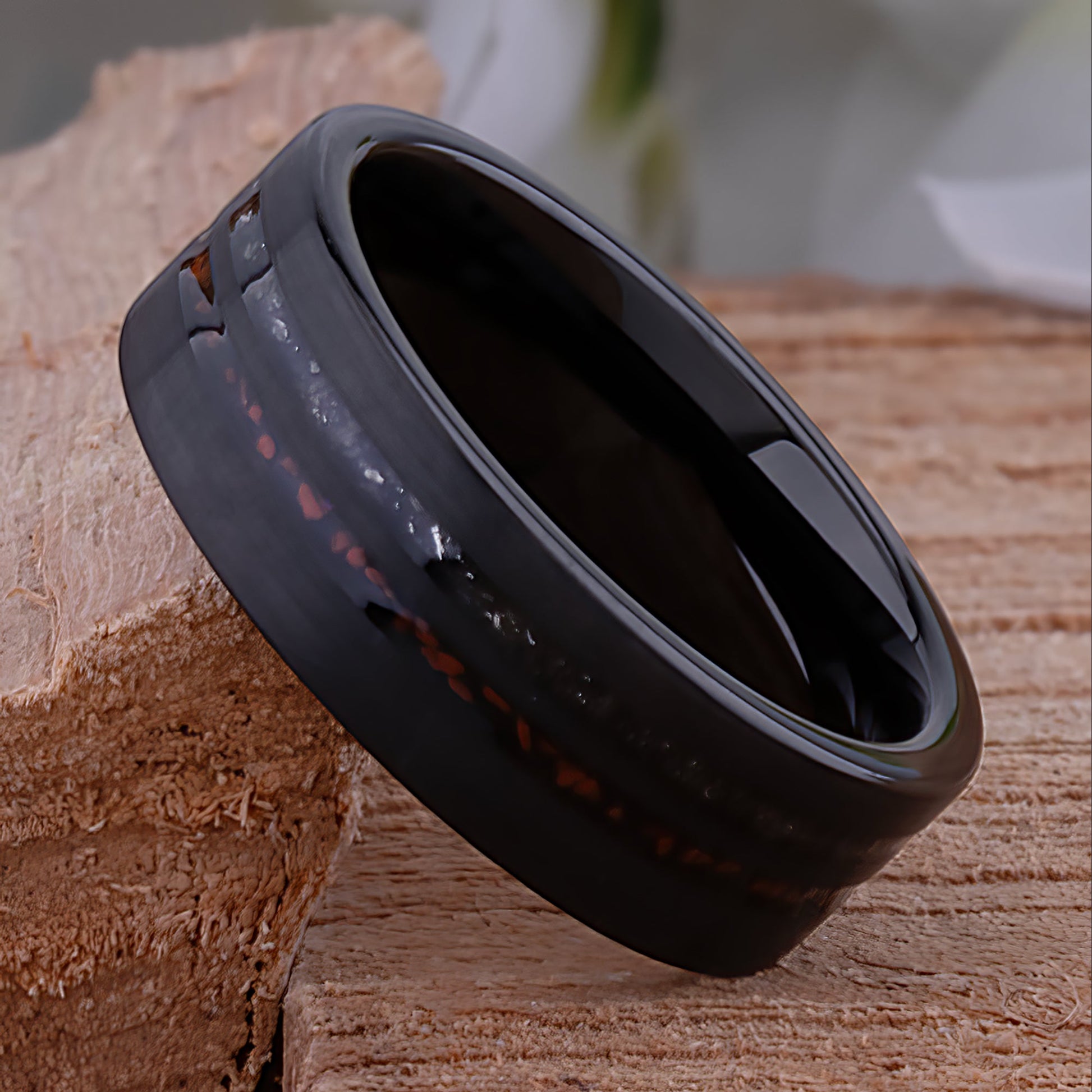 Dinosaur Bone and Meteorite Black Tungsten Wedding Band - 8mm Width