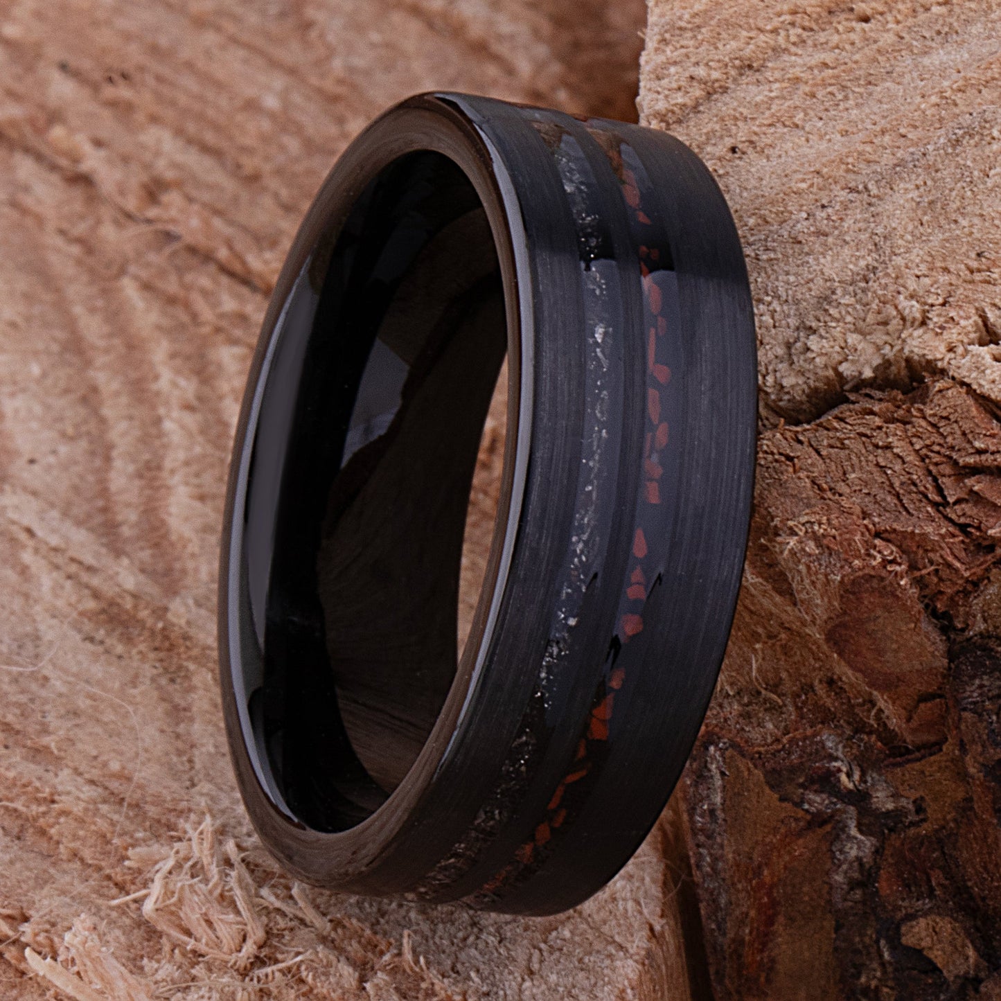 Dinosaur Bone and Meteorite Black Tungsten Wedding Band - 8mm Width
