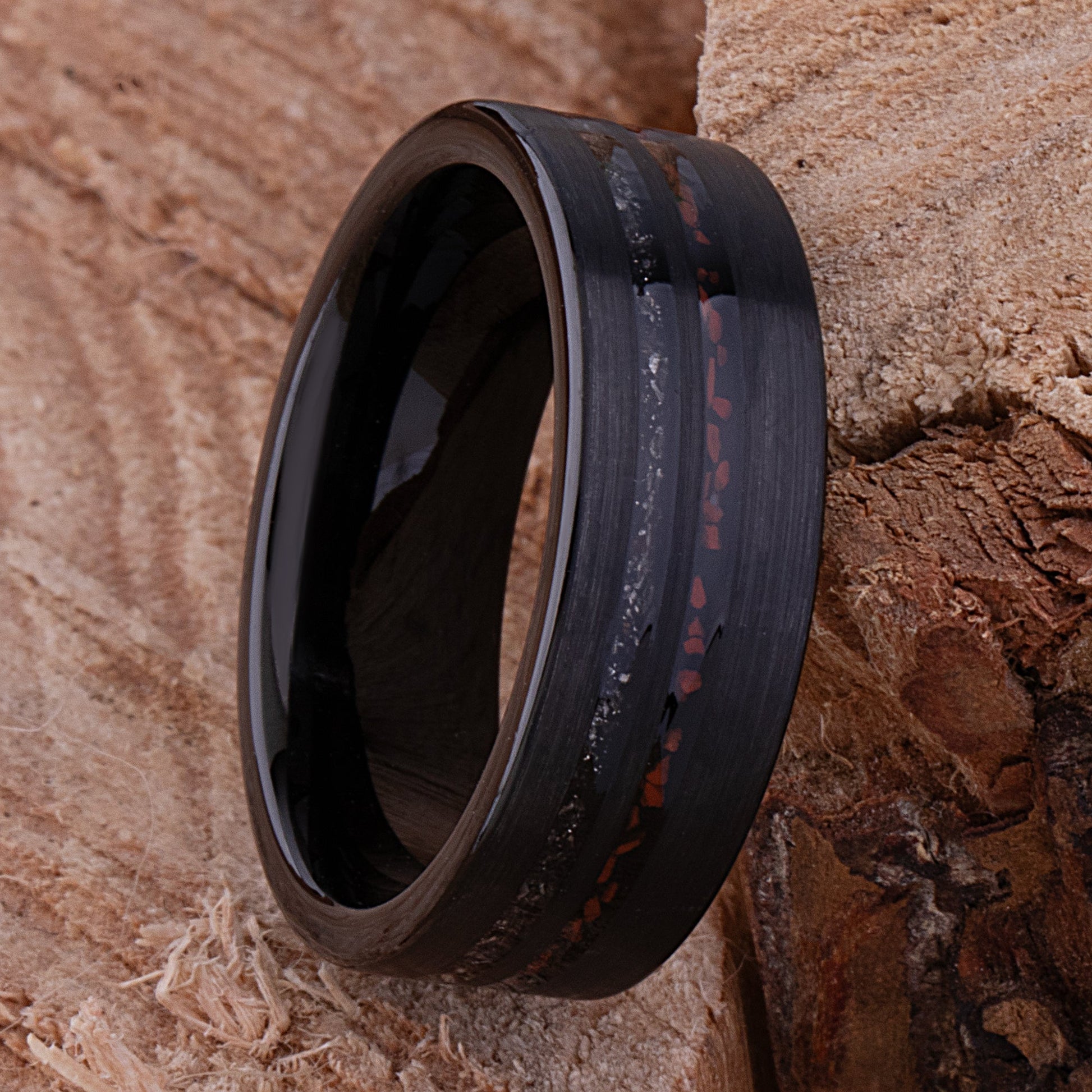 Dinosaur Bone and Meteorite Black Tungsten Wedding Band - 8mm Width