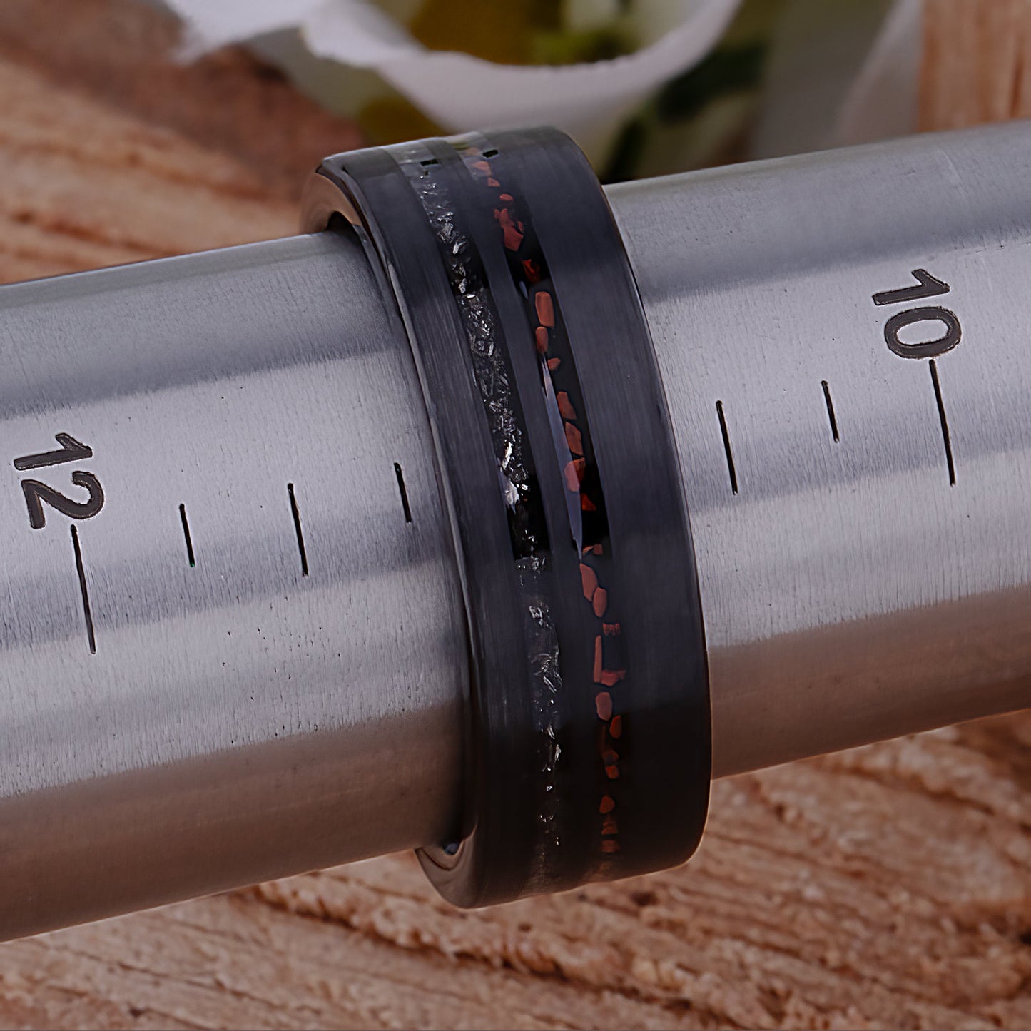 Dinosaur Bone and Meteorite Black Tungsten Wedding Band - 8mm Width
