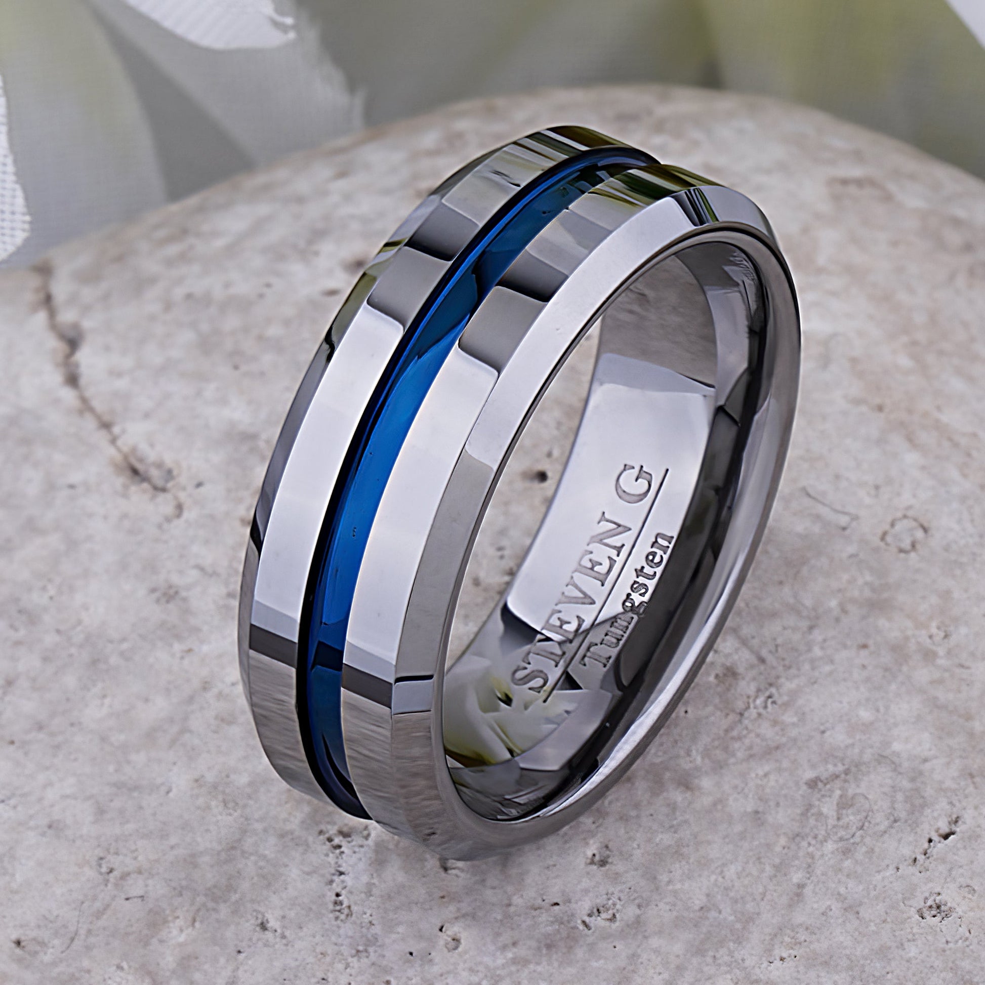  Tungsten Ring with Blue Center Channel - 8mm Width
