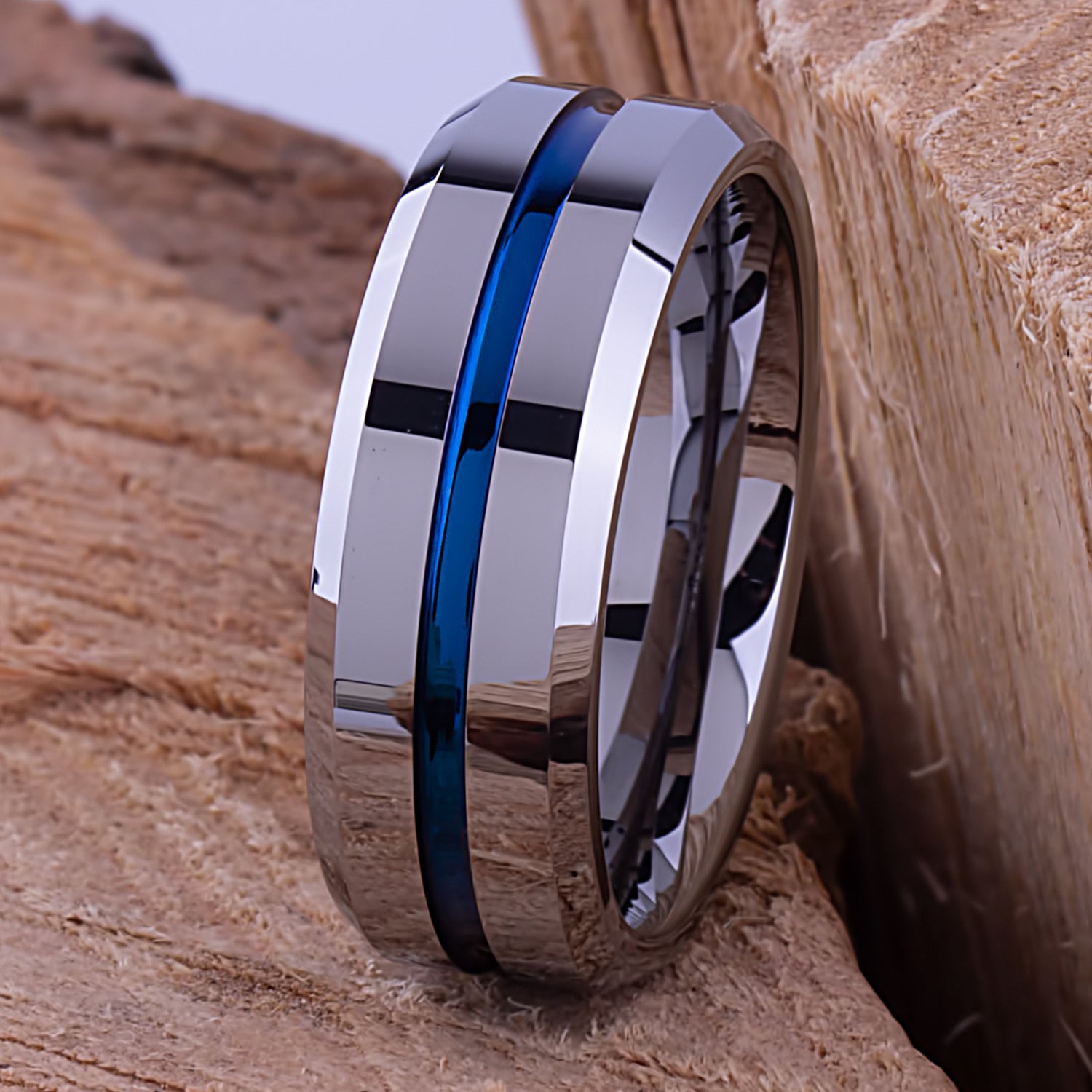  Tungsten Ring with Blue Center Channel - 8mm Width