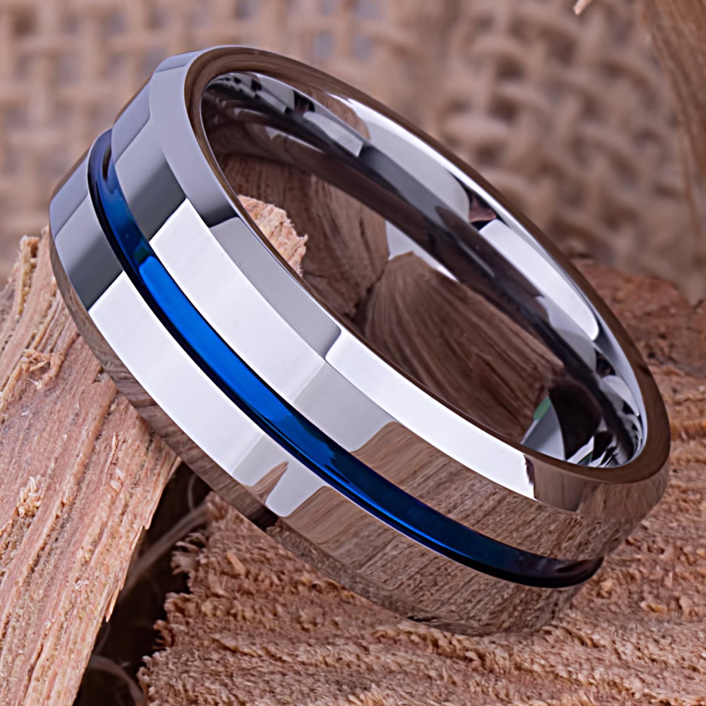  Tungsten Ring with Blue Center Channel - 8mm Width
