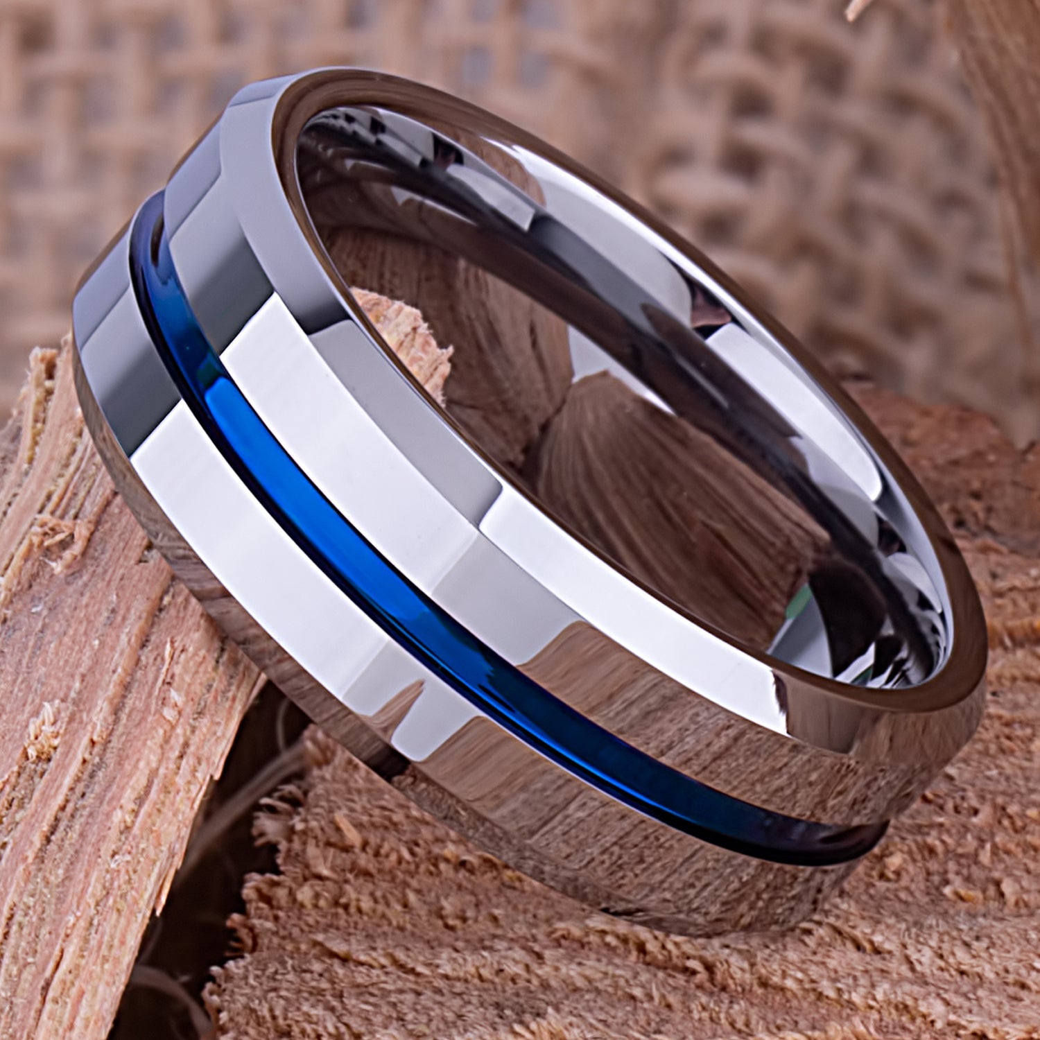  Tungsten Ring with Blue Center Channel - 8mm Width