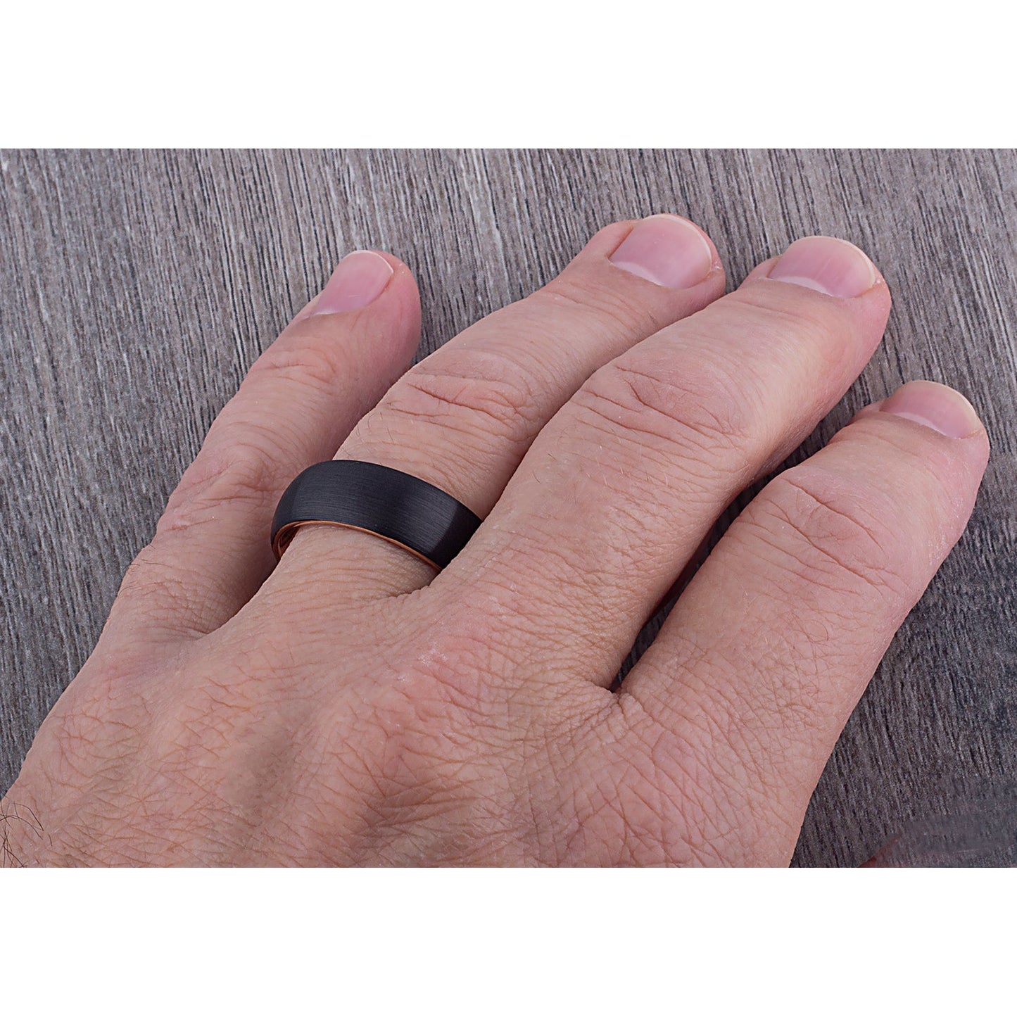 Tungsten Carbide Ring Style Wedding Band 8mm Wide, Black and Rose Gold IP Plated Brushed Finish