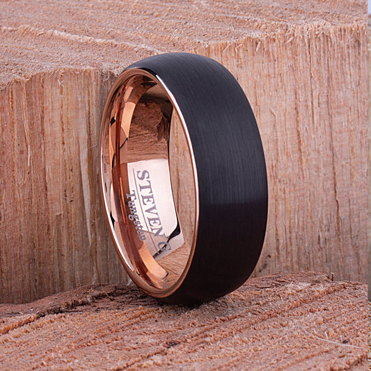 Tungsten Carbide Ring Style Wedding Band 8mm Wide, Black and Rose Gold IP Plated Brushed Finish
