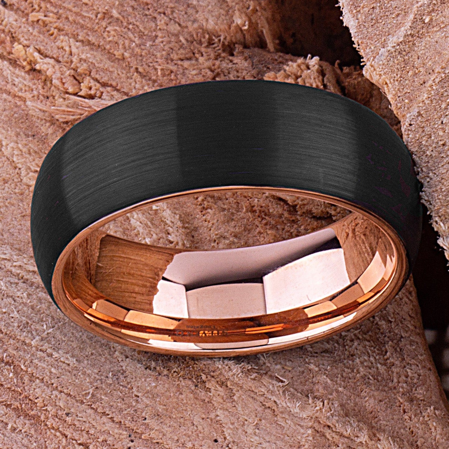 Tungsten Carbide Ring Style Wedding Band 8mm Wide, Black and Rose Gold IP Plated Brushed Finish