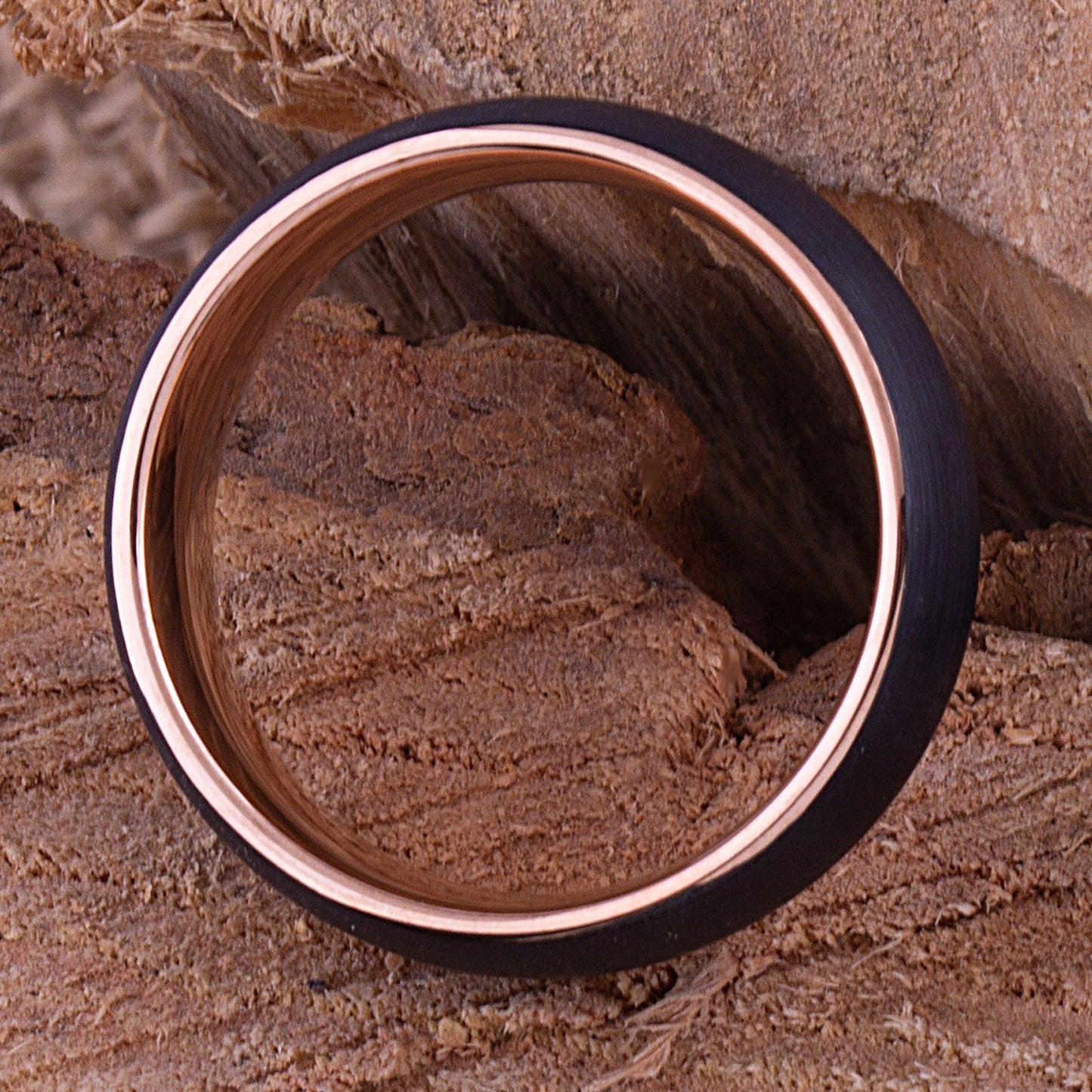 Tungsten Carbide Ring Style Wedding Band 8mm Wide, Black and Rose Gold IP Plated Brushed Finish