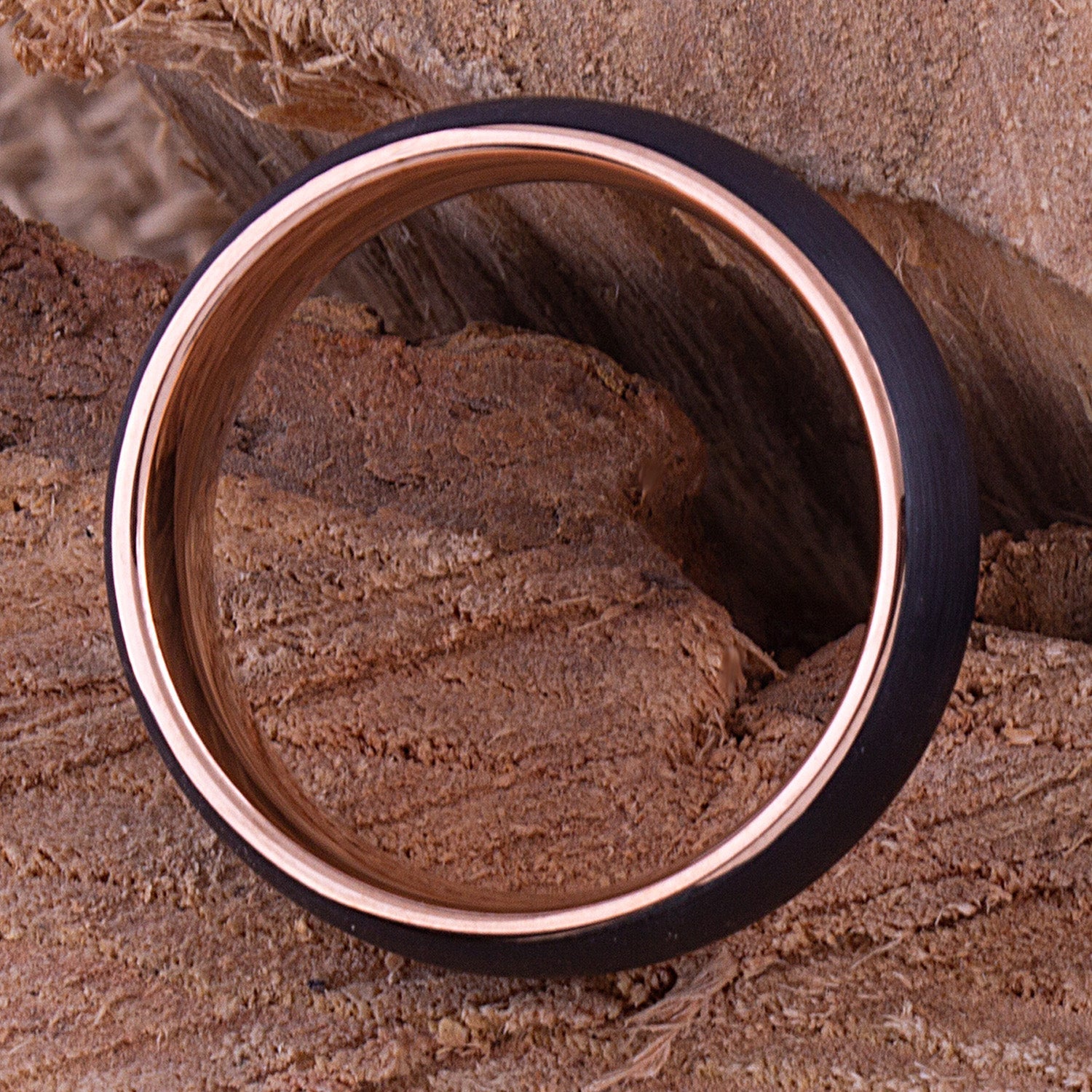 Tungsten Carbide Ring Style Wedding Band 8mm Wide, Black and Rose Gold IP Plated Brushed Finish