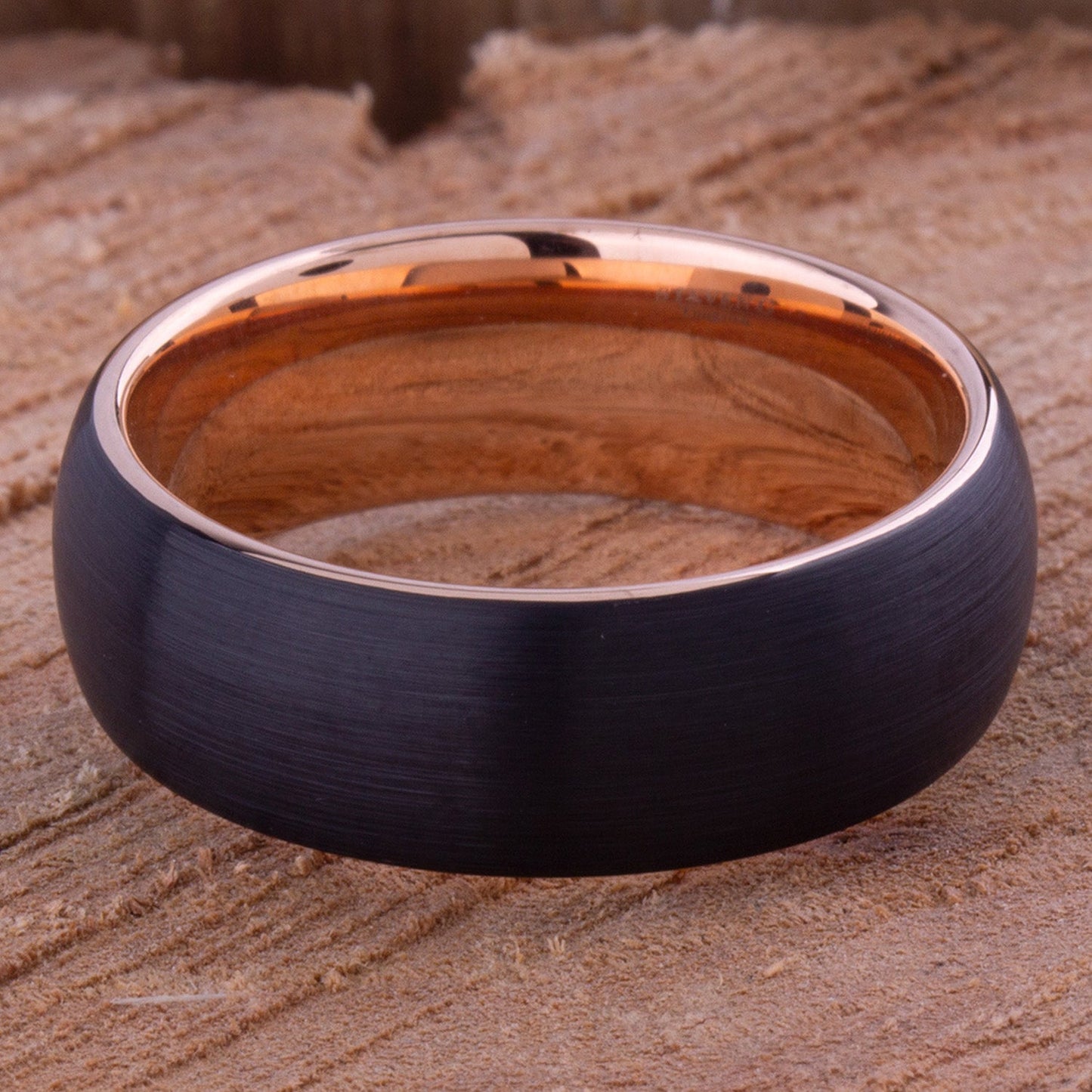 Tungsten Carbide Ring Style Wedding Band 8mm Wide, Black and Rose Gold IP Plated Brushed Finish