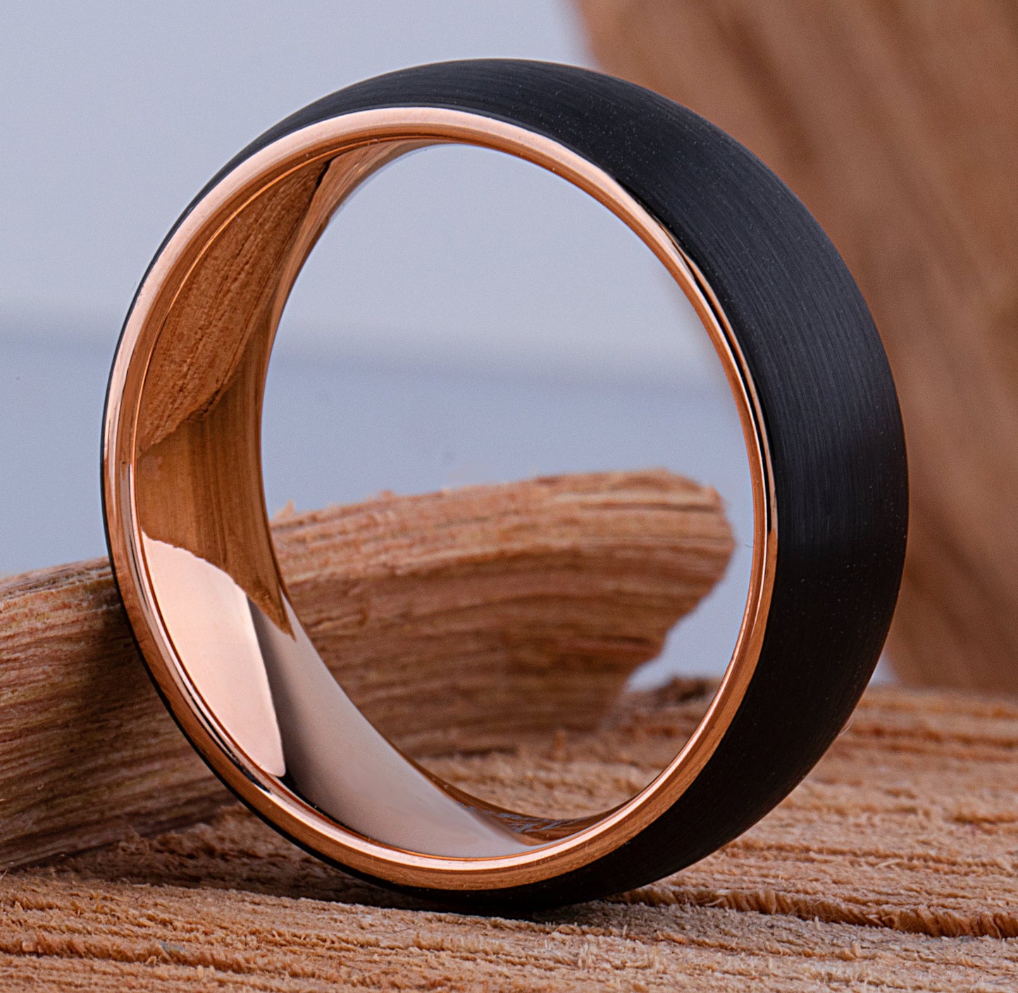 Tungsten Carbide Ring Style Wedding Band 8mm Wide, Black and Rose Gold IP Plated Brushed Finish
