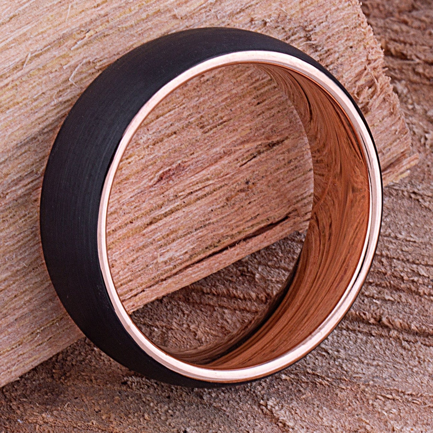 Tungsten Carbide Ring Style Wedding Band 8mm Wide, Black and Rose Gold IP Plated Brushed Finish