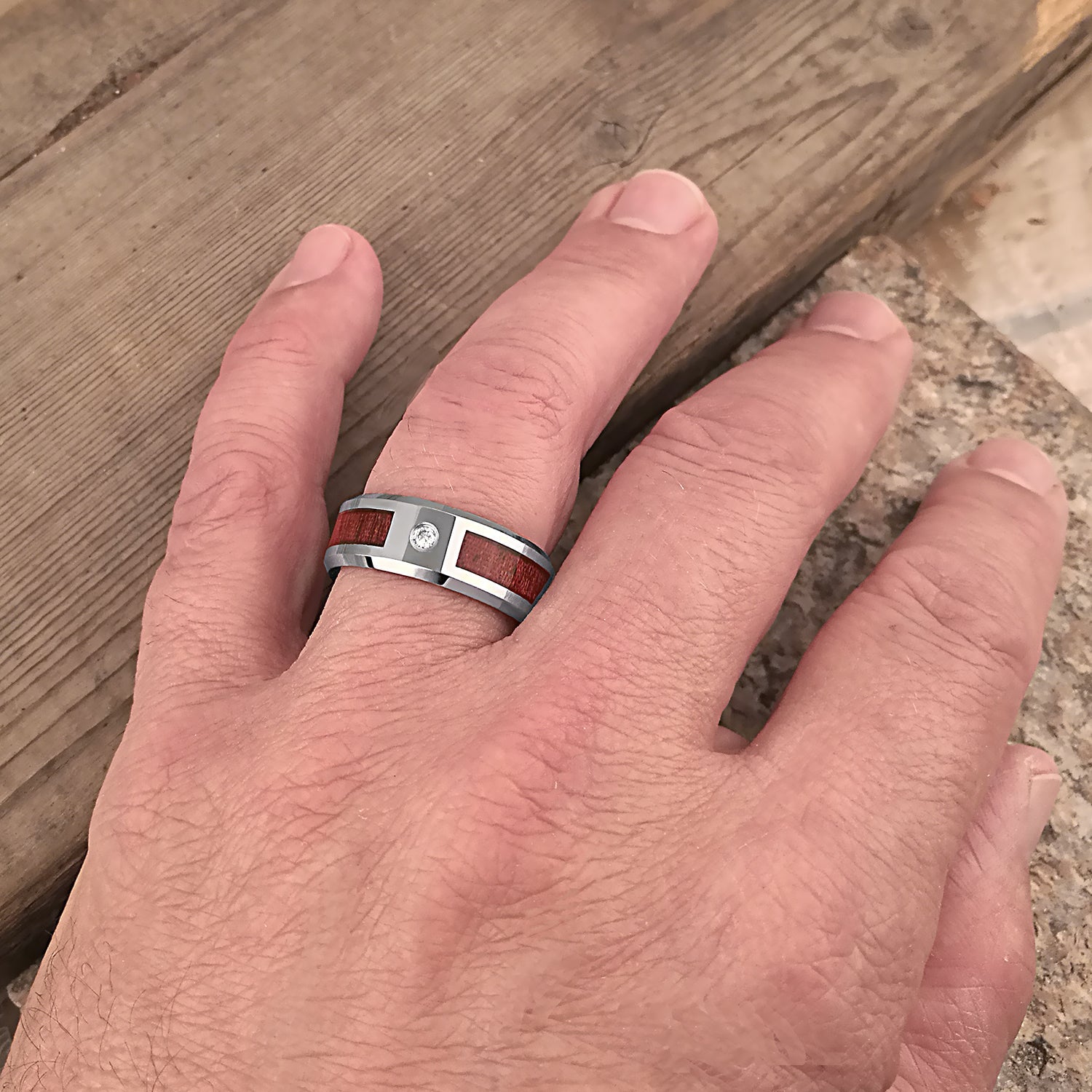  Tungsten Ring with Koa Wood & 3mm CZ - 8mm Wide - TCR084 cubic and wood engagement or wedding ring or promise band for boyfriend