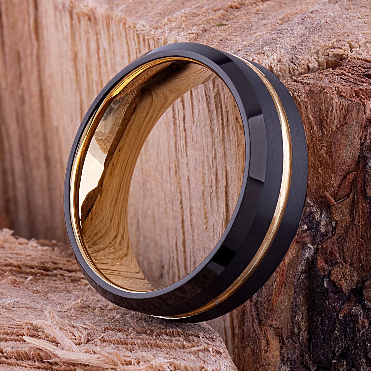 Black and Yellow Tungsten Band 8mm - TCR100 black and yellow gold men’s wedding or engagement band or promise ring