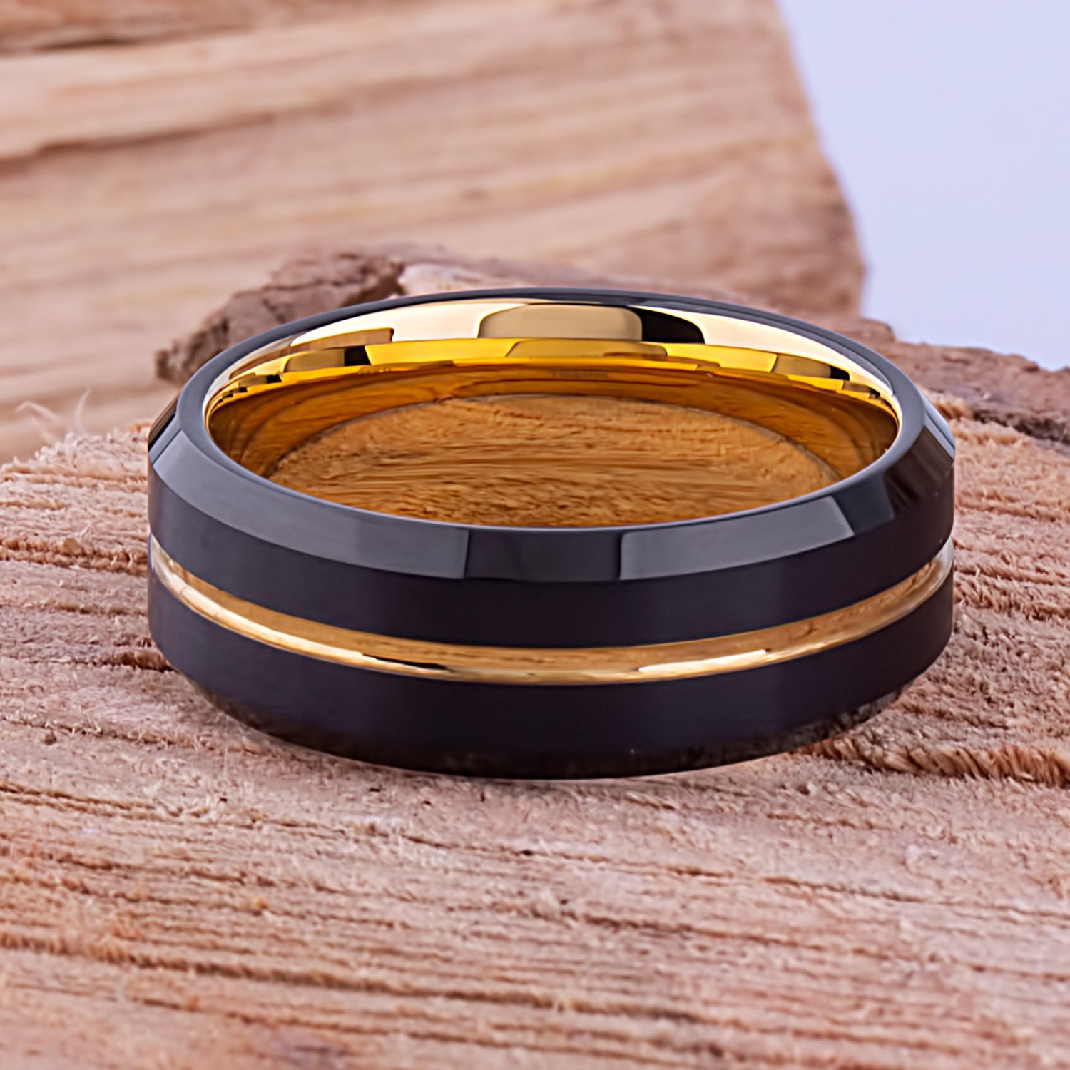 Black and Yellow Tungsten Band 8mm - TCR100 black and yellow gold men’s wedding or engagement band or promise ring