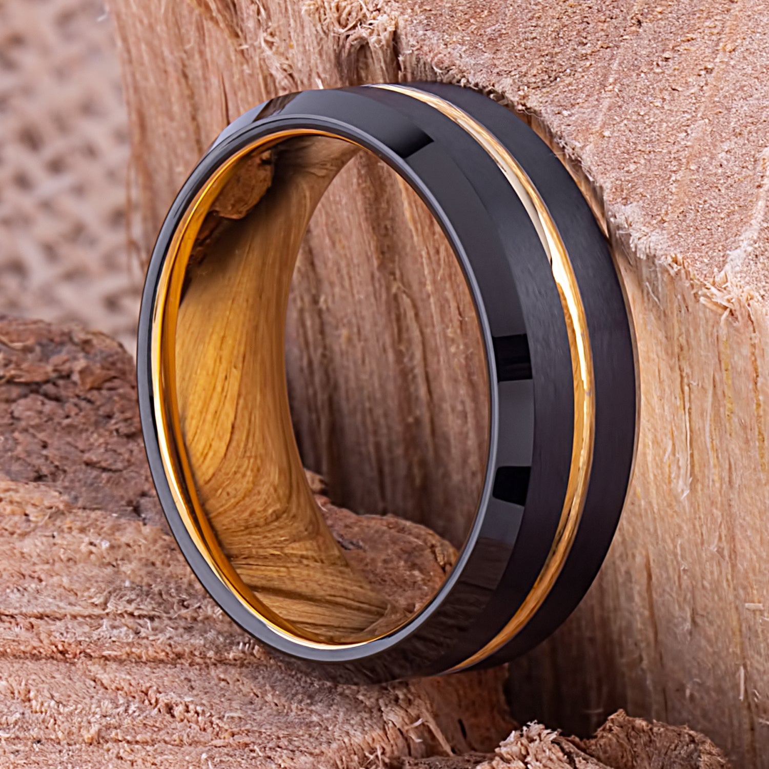 Black and Yellow Tungsten Band 8mm - TCR100 black and yellow gold men’s wedding or engagement band or promise ring