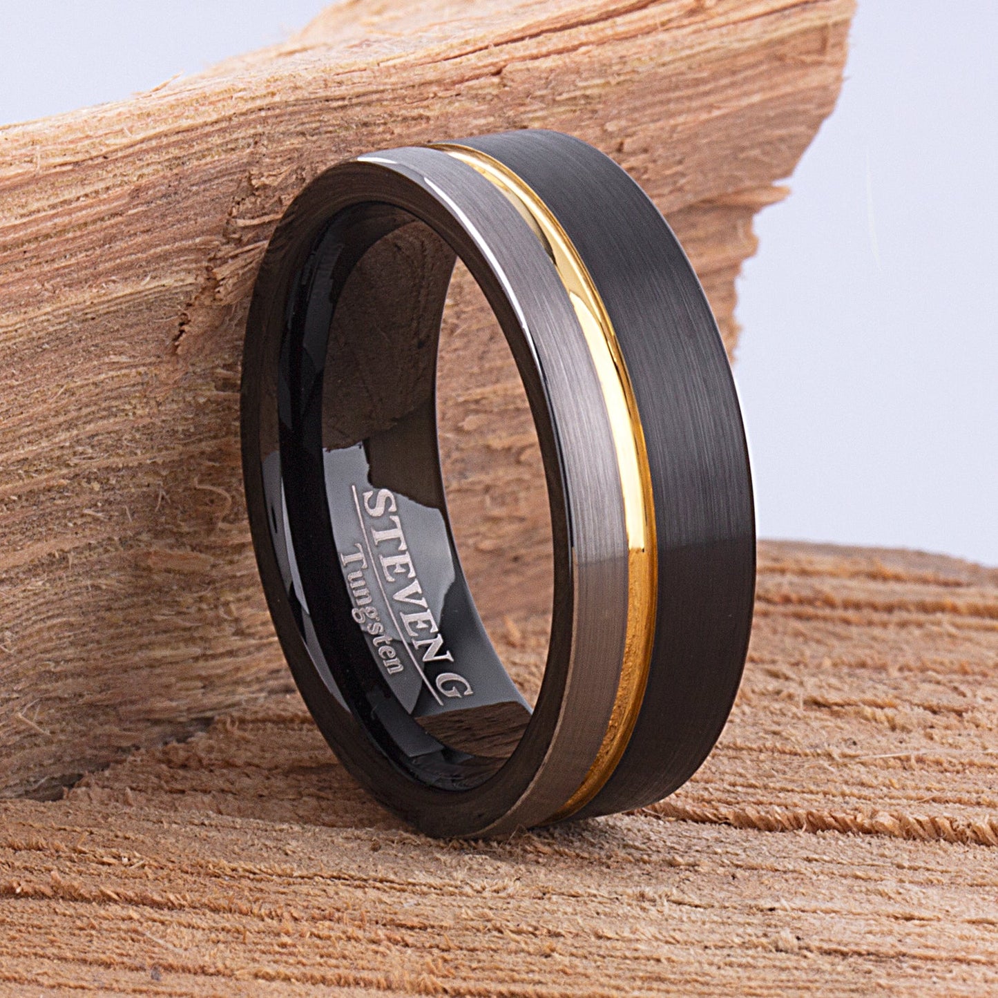 Tungsten Band with Black & Yellow Gold 8mm - TCR101 black and yellow gold men’s wedding or engagement band or promise ring