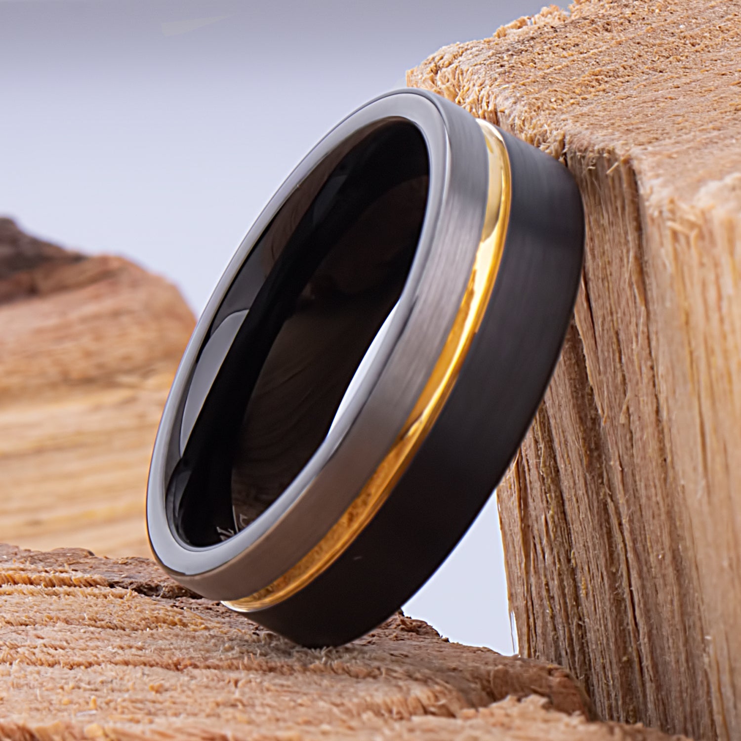 Tungsten Band with Black & Yellow Gold 8mm - TCR101 black and yellow gold men’s wedding or engagement band or promise ring