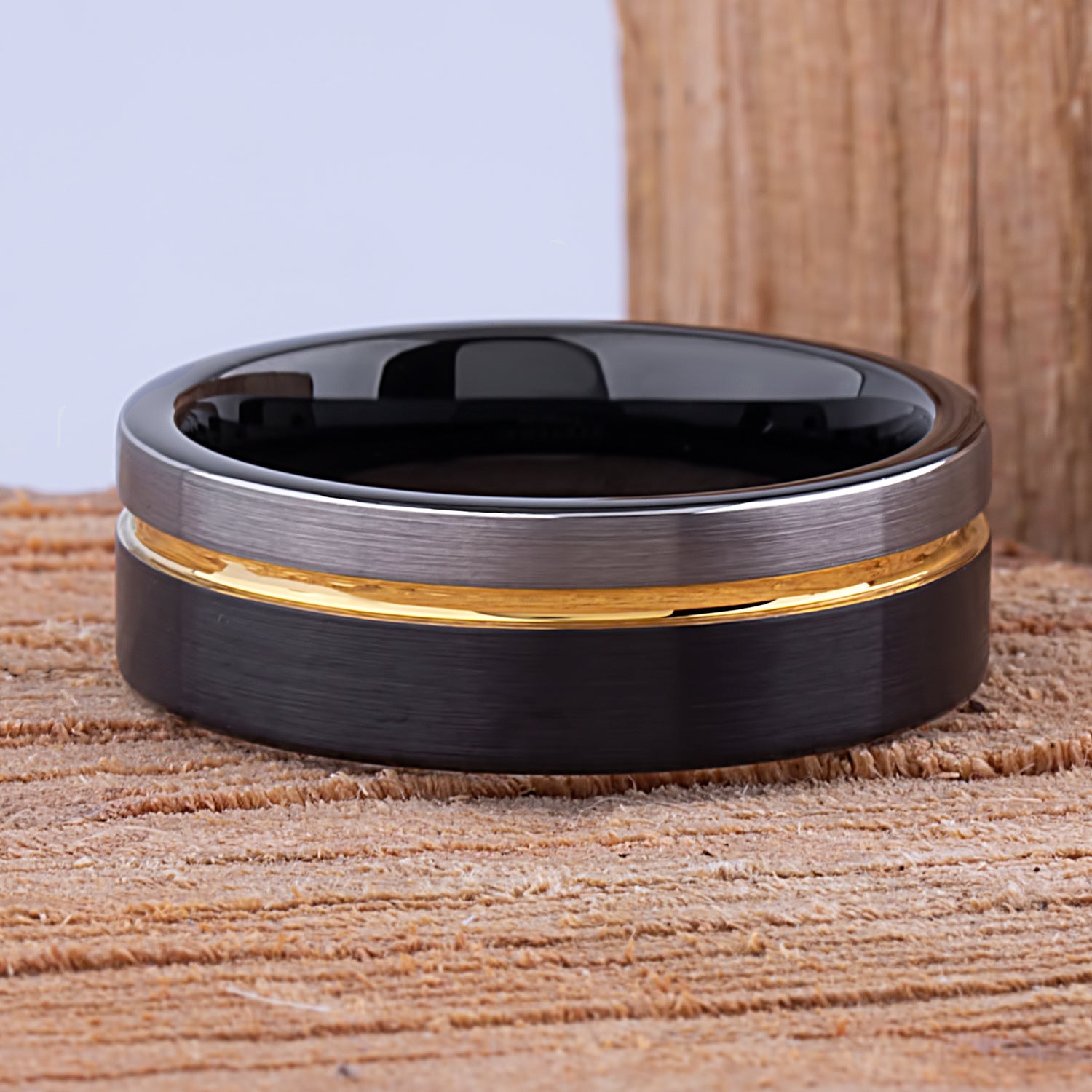 Tungsten Band with Black & Yellow Gold 8mm - TCR101 black and yellow gold men’s wedding or engagement band or promise ring