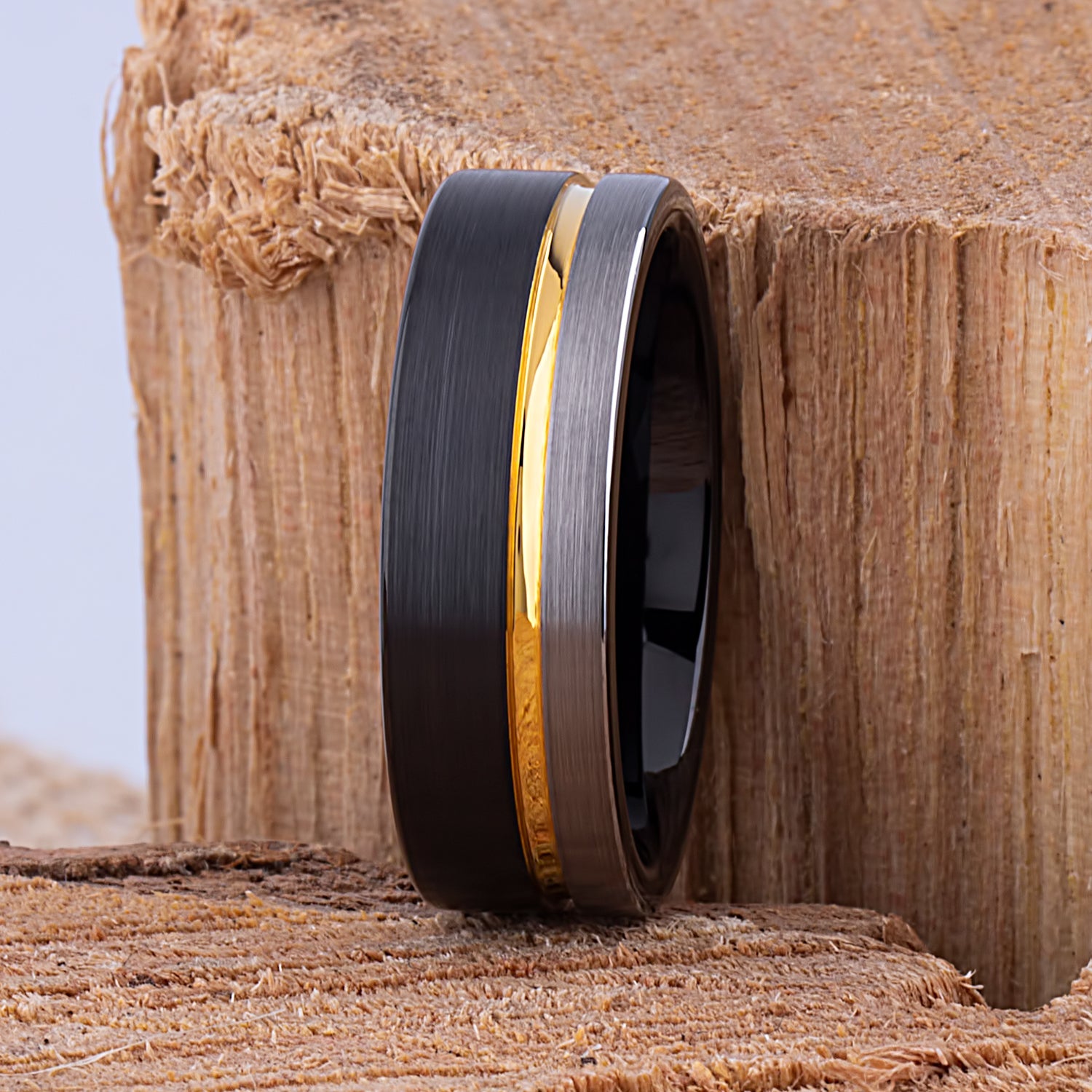 Tungsten Band with Black & Yellow Gold 8mm - TCR101 black and yellow gold men’s wedding or engagement band or promise ring