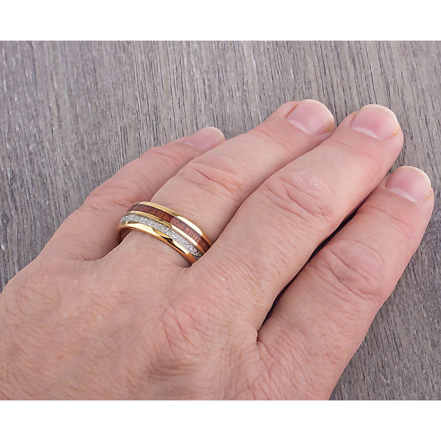 Yellow Tungsten Ring with Meteorite and Koa Wood 8mm - TCR102 wood and yellow gold men’s wedding or engagement band or promise ring