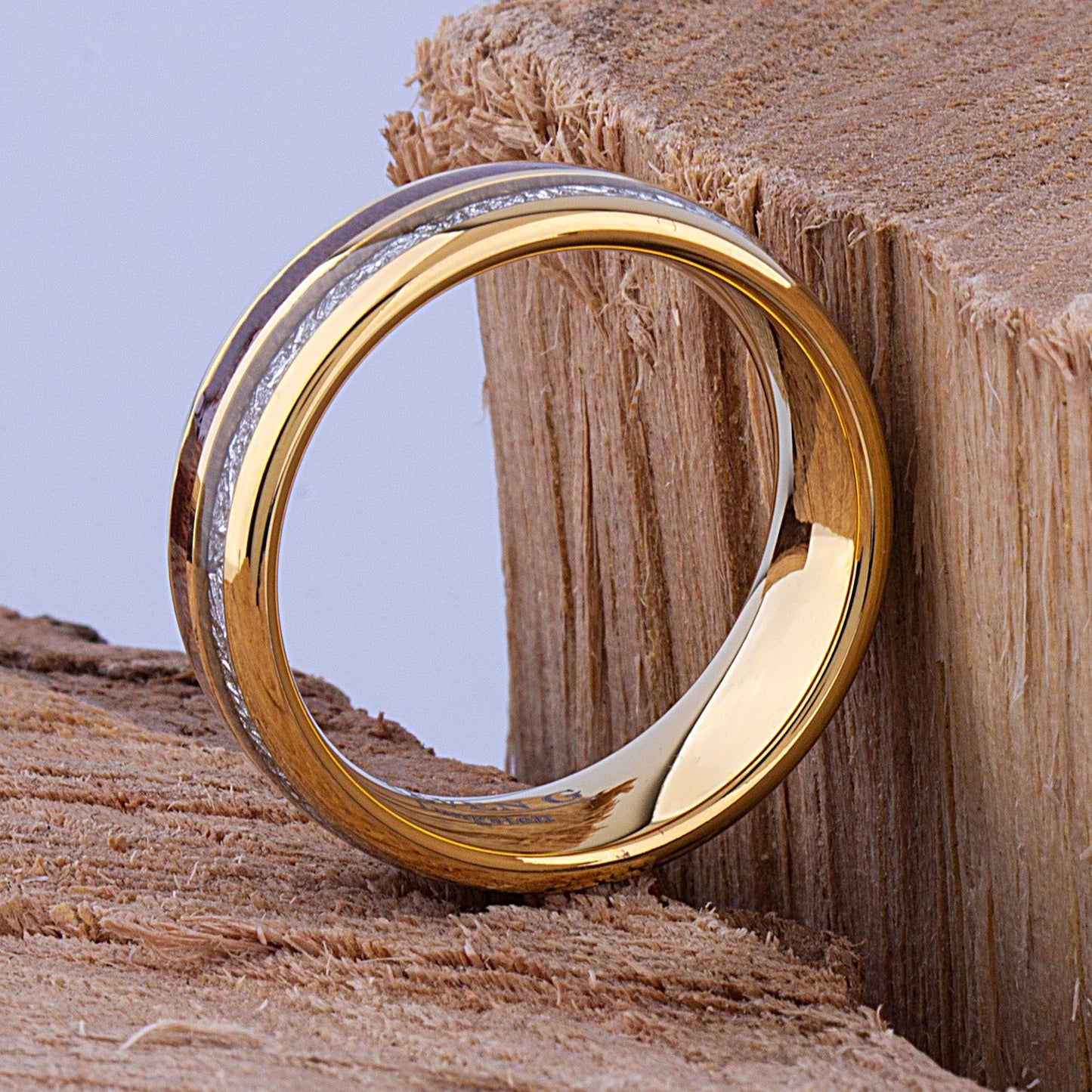 Yellow Tungsten Ring with Meteorite and Koa Wood 8mm - TCR102 wood and yellow gold men’s wedding or engagement band or promise ring