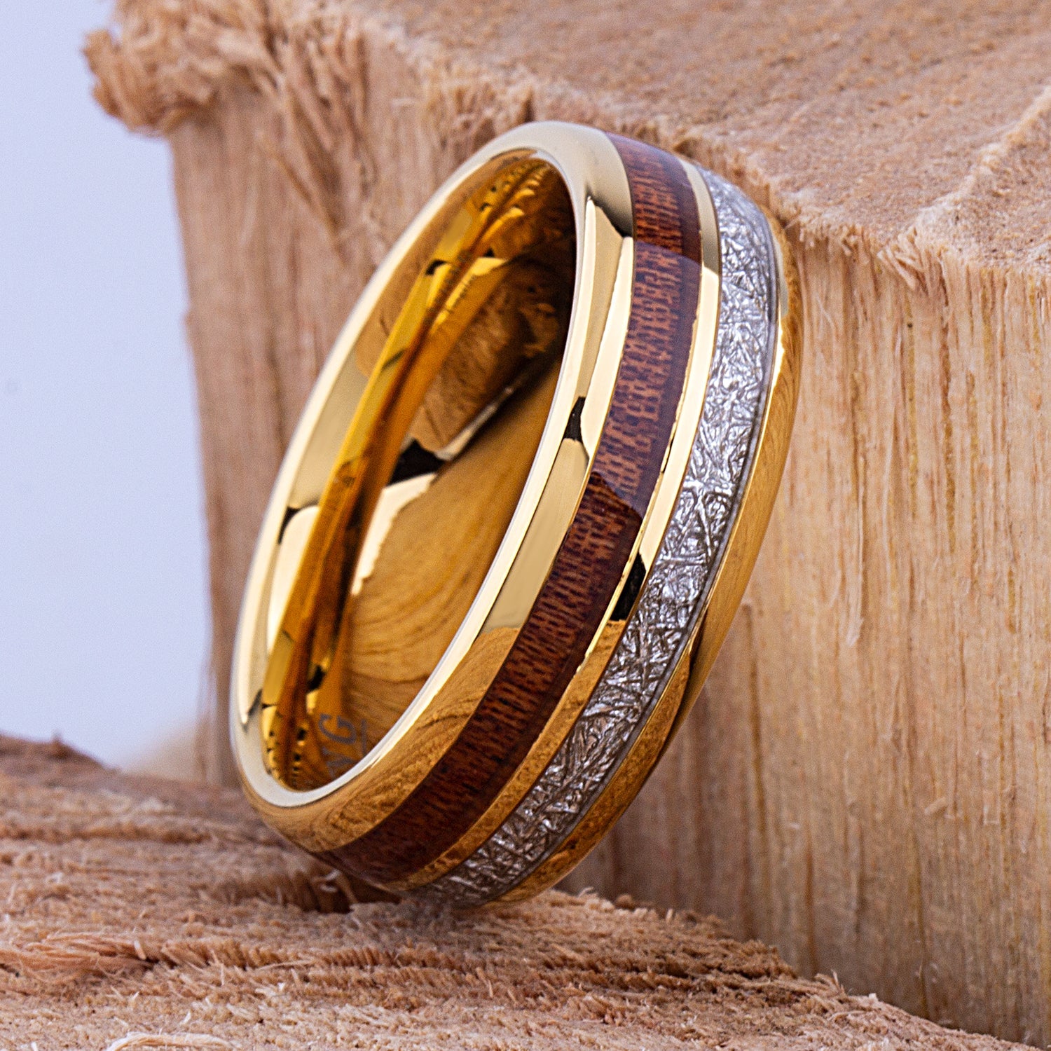 Yellow Tungsten Ring with Meteorite and Koa Wood 8mm - TCR102 wood and yellow gold men’s wedding or engagement band or promise ring