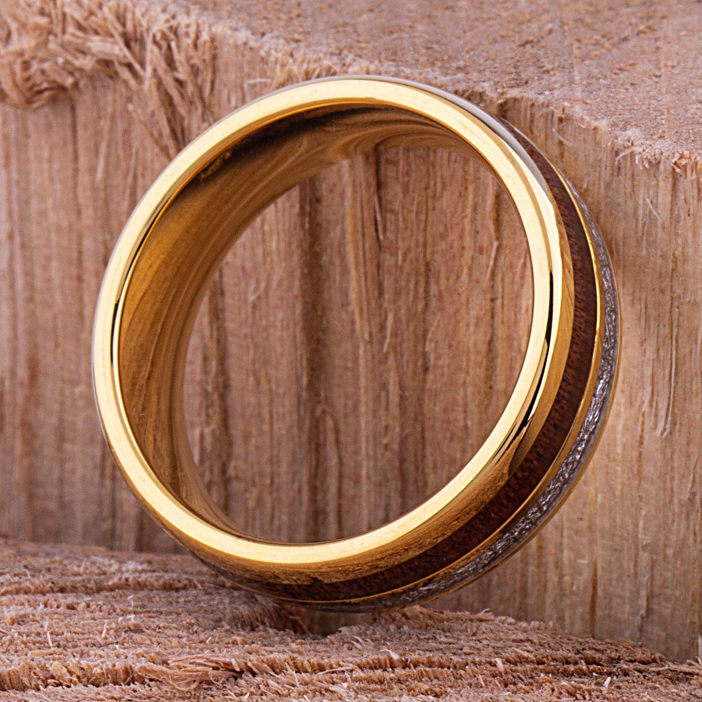 Yellow Tungsten Ring with Meteorite and Koa Wood 8mm - TCR102 wood and yellow gold men’s wedding or engagement band or promise ring