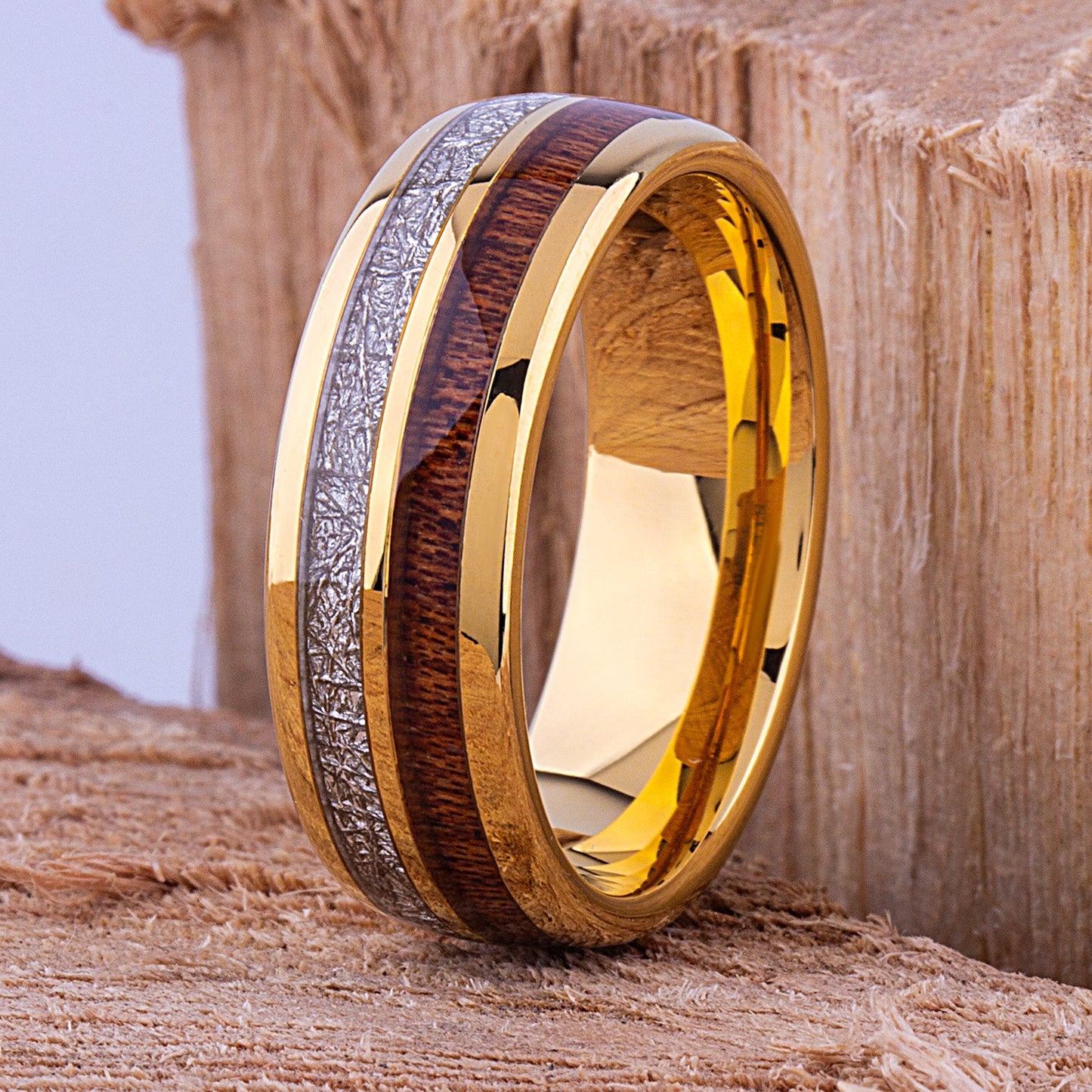 Yellow Tungsten Ring with Meteorite and Koa Wood 8mm - TCR102 wood and yellow gold men’s wedding or engagement band or promise ring