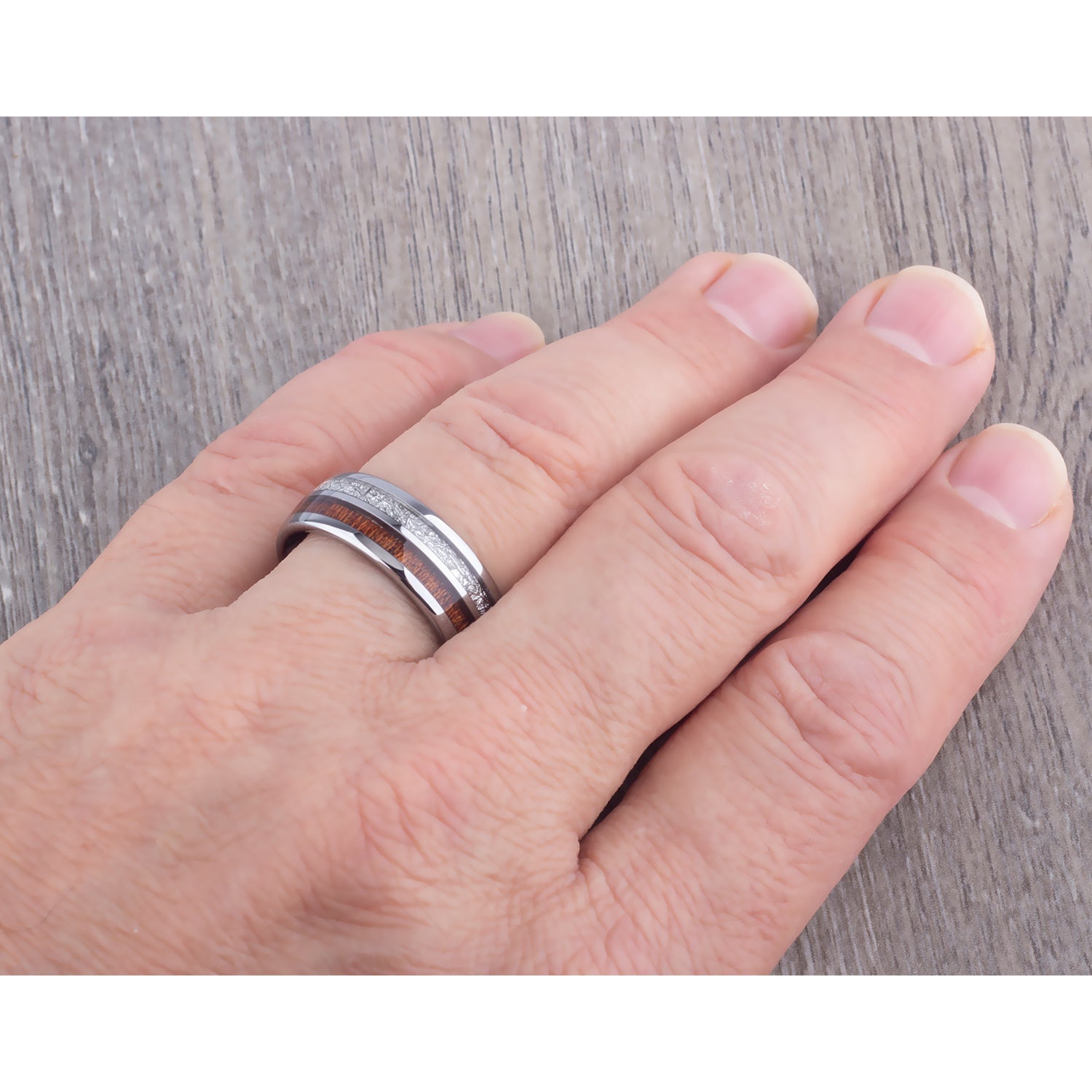 Tungsten Band with Koa Wood and Man Made Meteorite 8mm - TCR103 meteorite and wood engagement band or wedding ring or promise band
