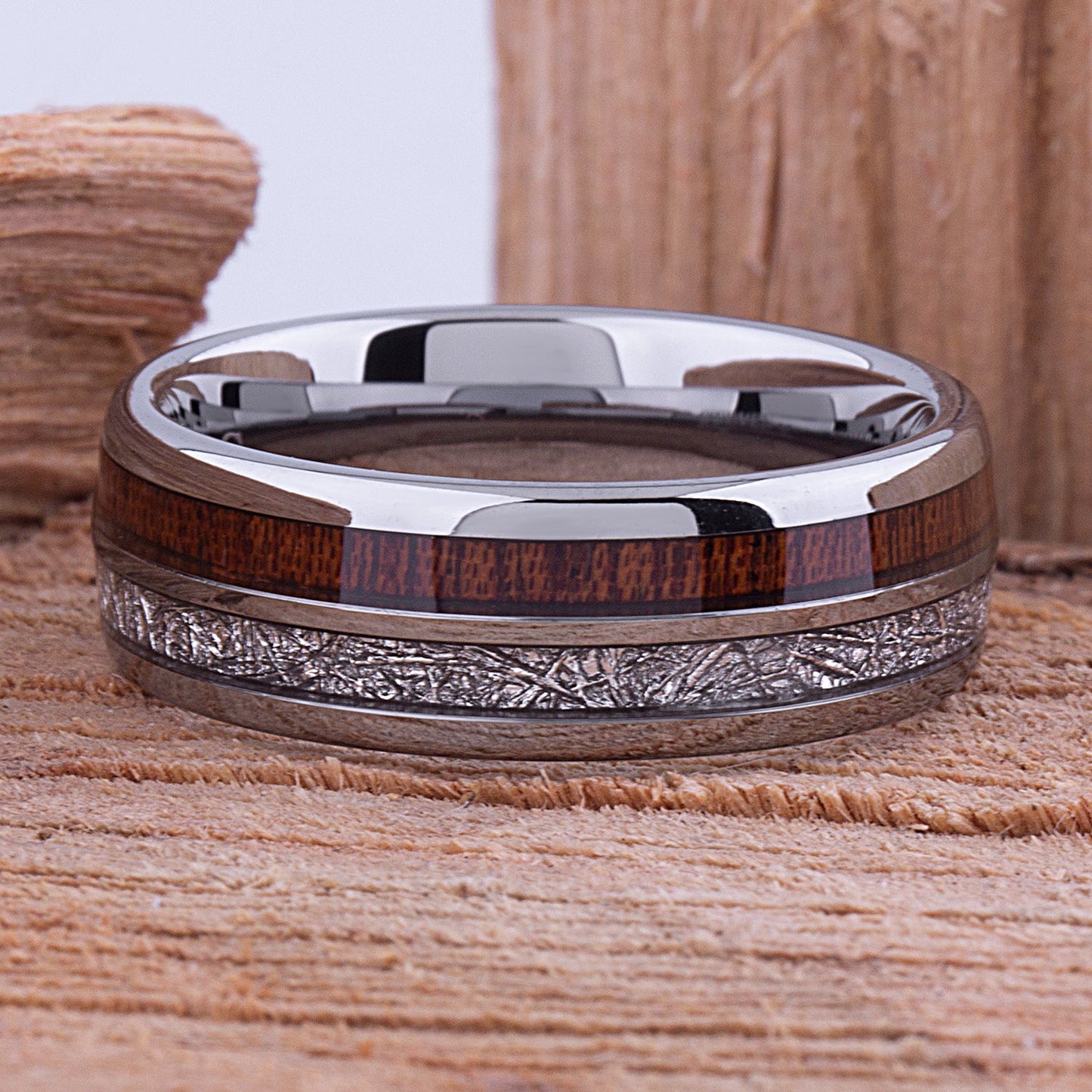 Tungsten Band with Koa Wood and Man Made Meteorite 8mm - TCR103 meteorite and wood engagement band or wedding ring or promise band