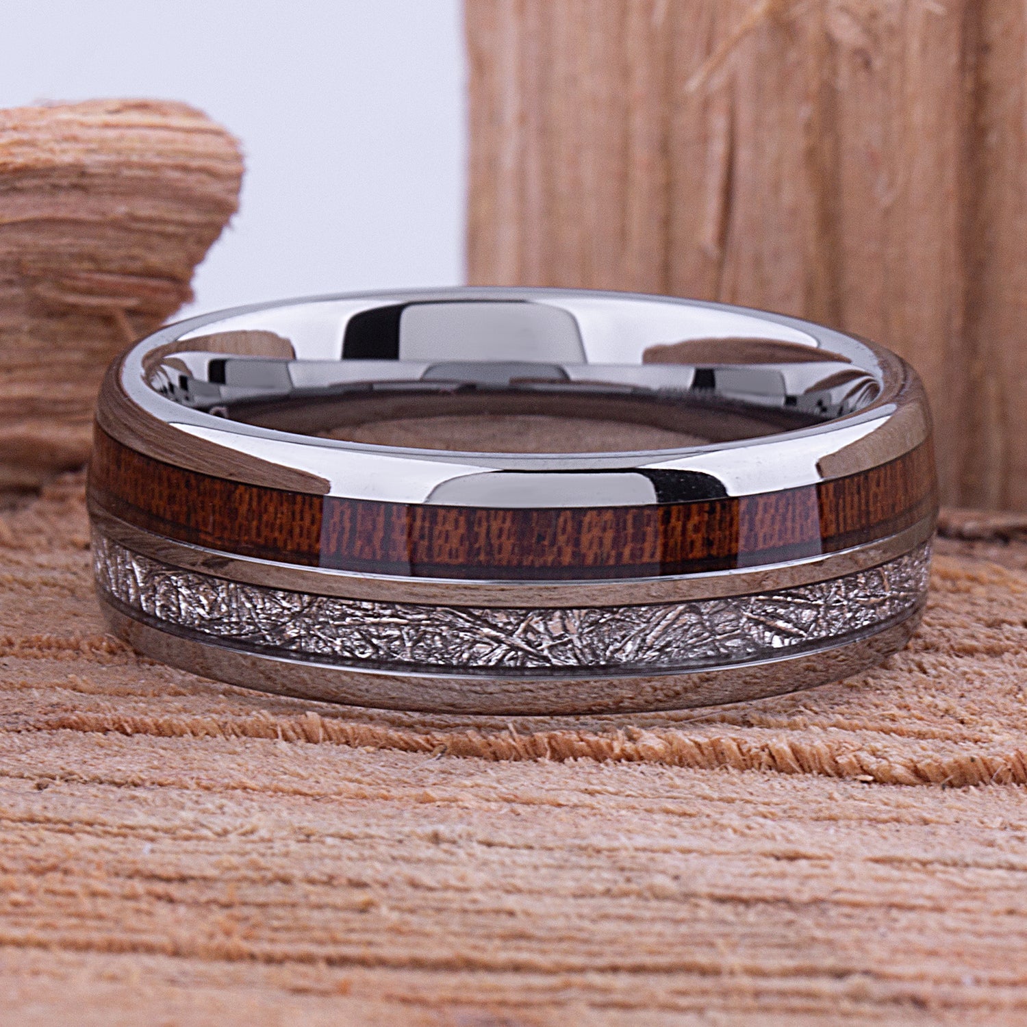 Tungsten Band with Koa Wood and Man Made Meteorite 8mm - TCR103 meteorite and wood engagement band or wedding ring or promise band