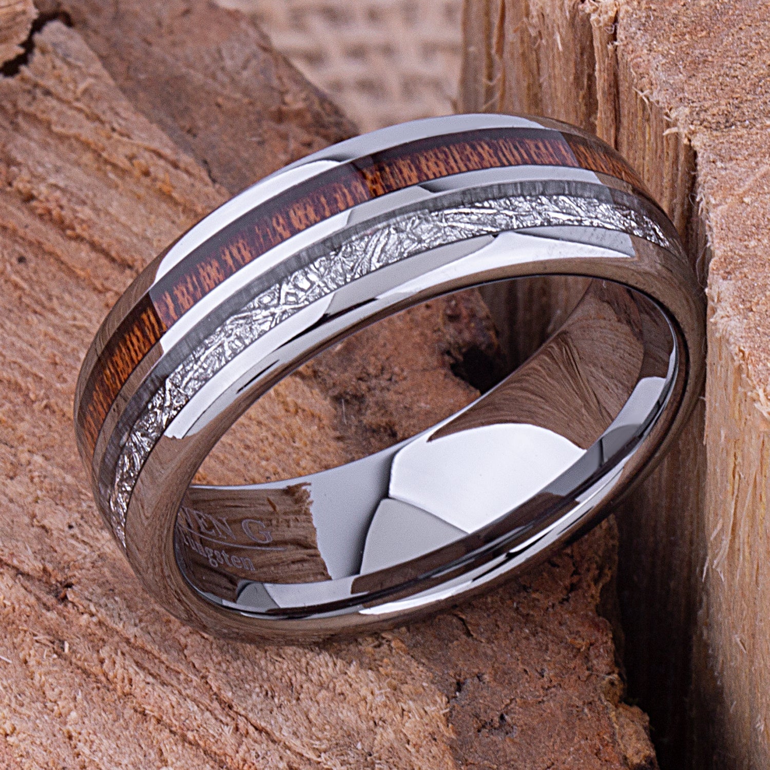 Tungsten Band with Koa Wood and Man Made Meteorite 8mm - TCR103 meteorite and wood engagement band or wedding ring or promise band