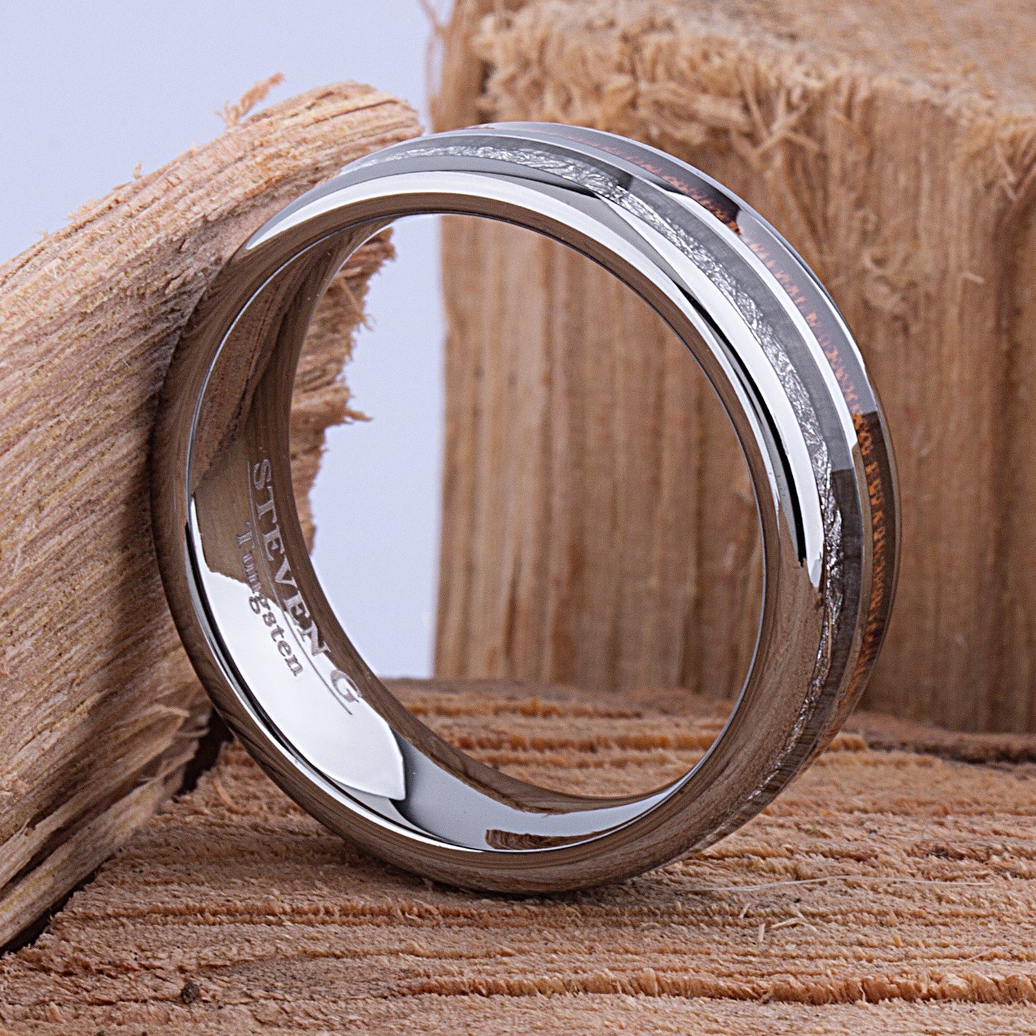 Tungsten Band with Koa Wood and Man Made Meteorite 8mm - TCR103 meteorite and wood engagement band or wedding ring or promise band