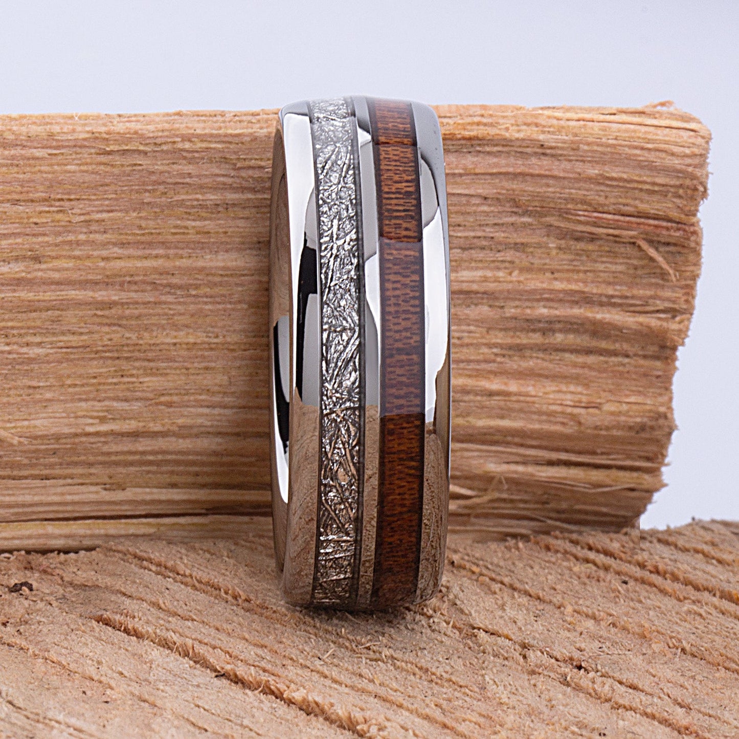Tungsten Band with Koa Wood and Man Made Meteorite 8mm - TCR103 meteorite and wood engagement band or wedding ring or promise band