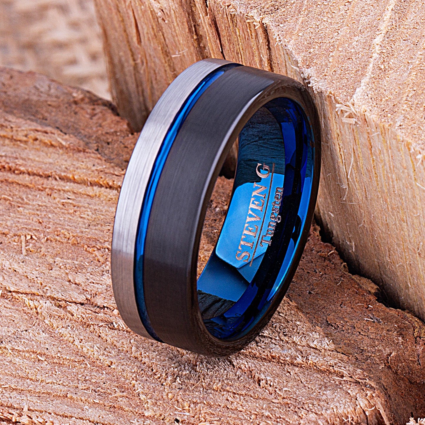 Black and Blue Tungsten Band 8mm - TCR106 black and blue men’s wedding or engagement band or promise ring for him