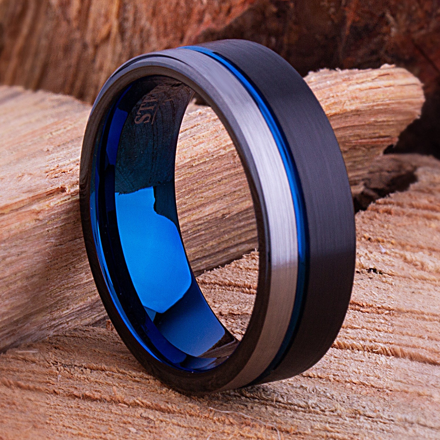 Black and Blue Tungsten Band 8mm - TCR106 black and blue men’s wedding or engagement band or promise ring for him