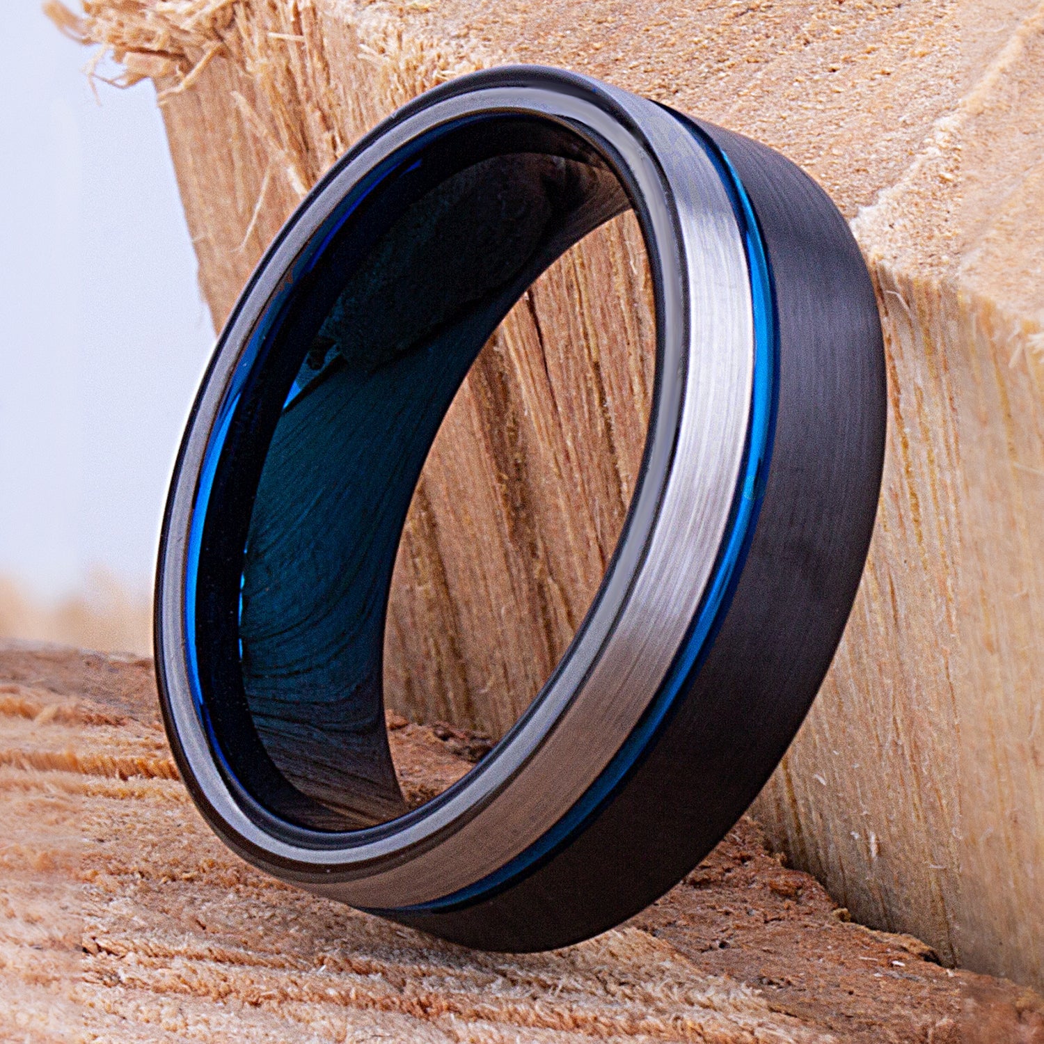 Black and Blue Tungsten Band 8mm - TCR106 black and blue men’s wedding or engagement band or promise ring for him