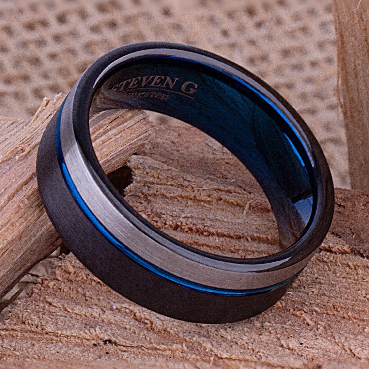 Black and Blue Tungsten Band 8mm - TCR106 black and blue men’s wedding or engagement band or promise ring for him