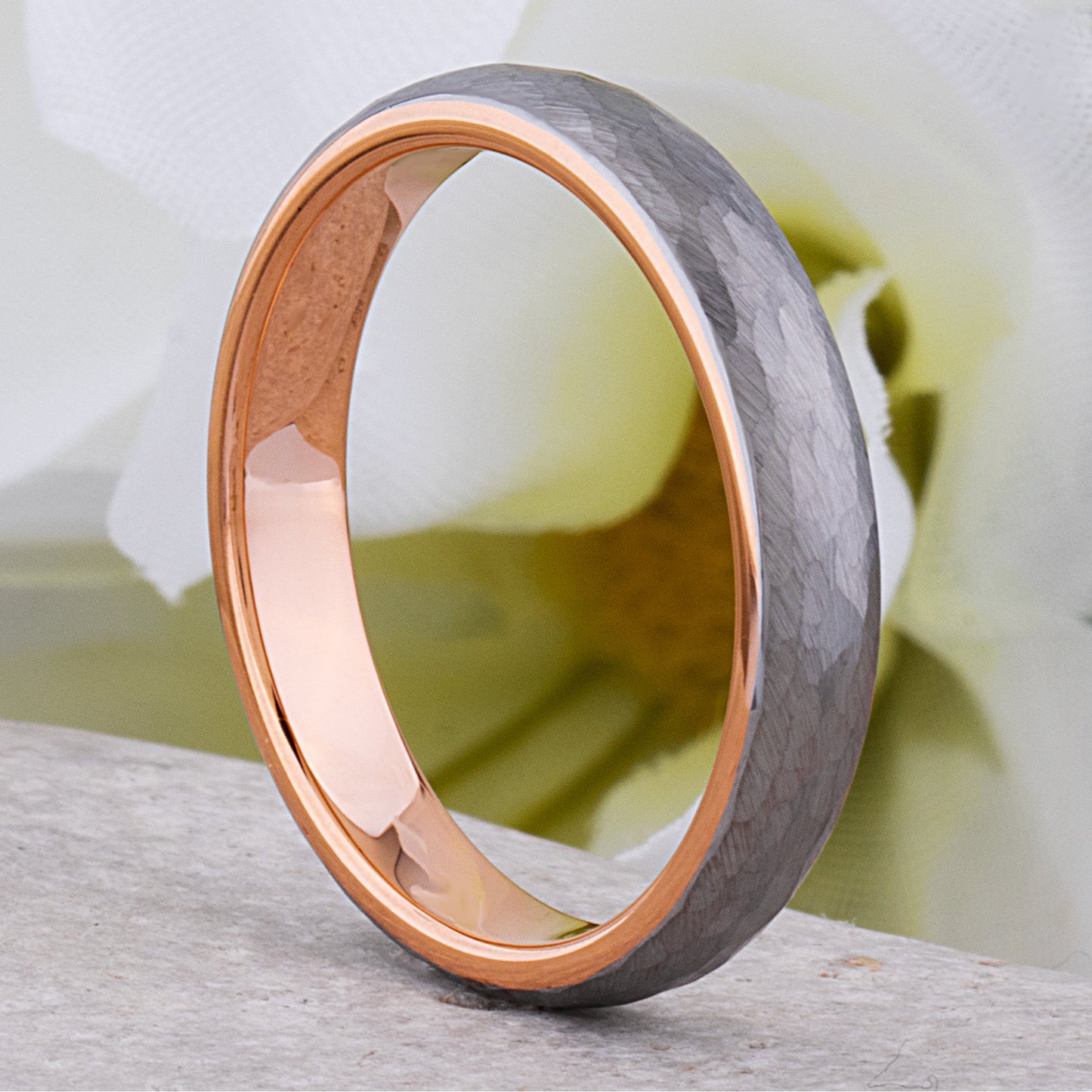 Tungsten Hammered Wedding Band with Rose Gold - 4mm Width