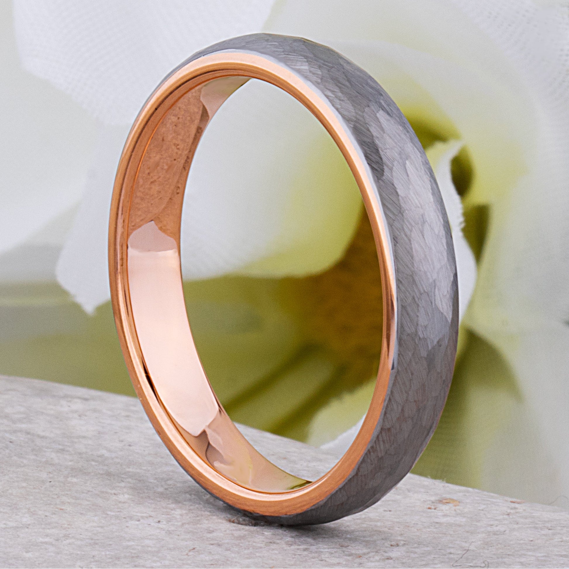 Tungsten Hammered Wedding Band with Rose Gold - 4mm Width