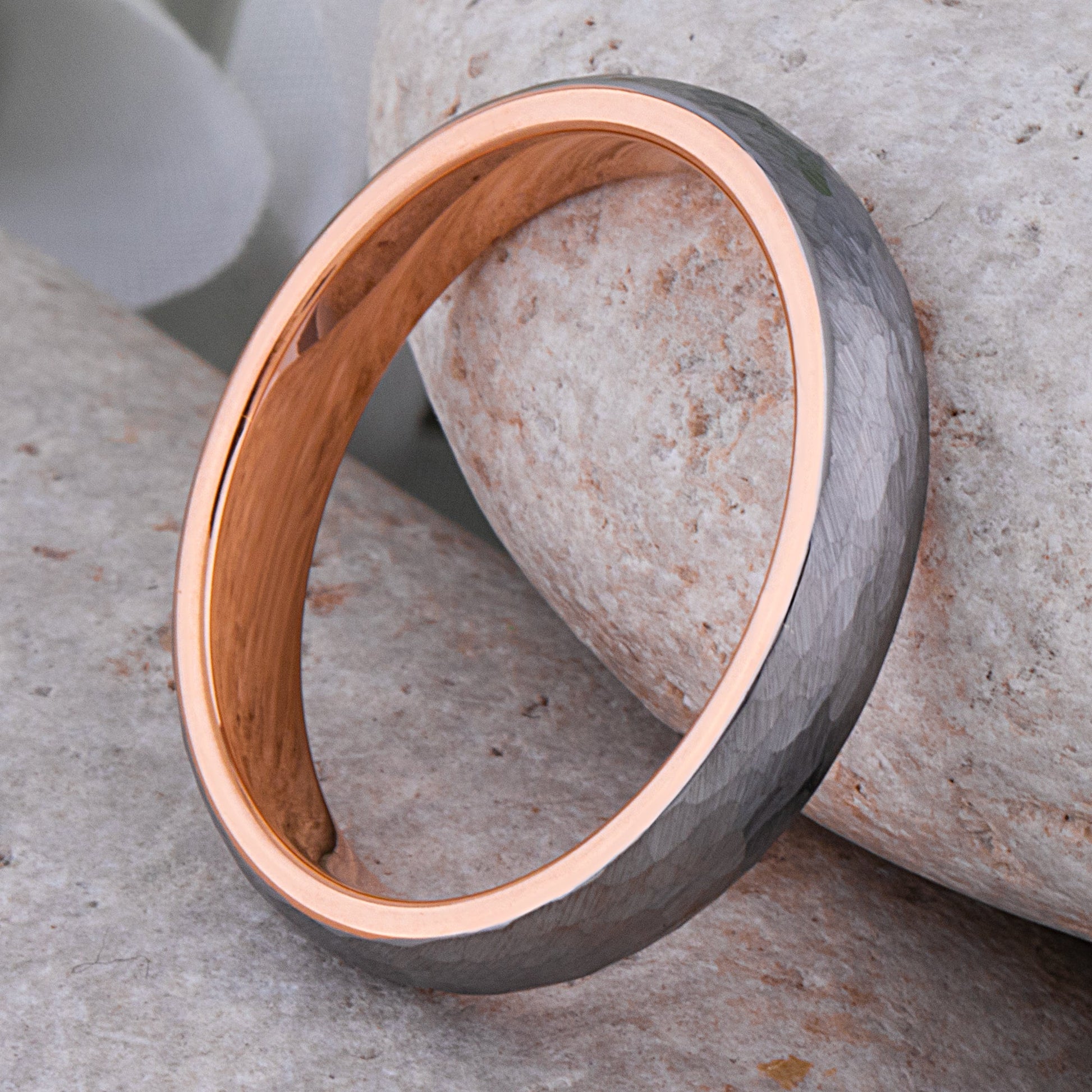 Tungsten Hammered Wedding Band with Rose Gold - 4mm Width