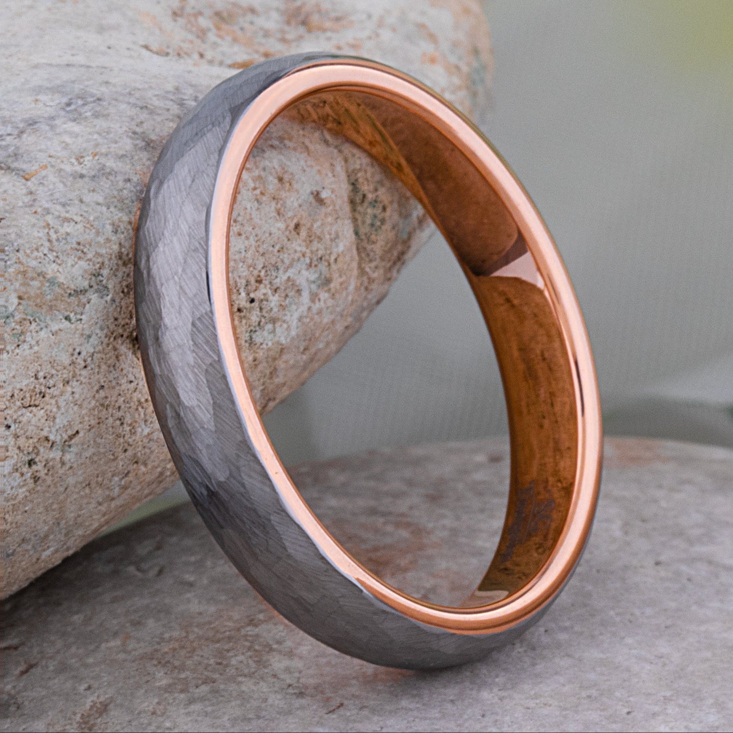 Tungsten Hammered Wedding Band with Rose Gold - 4mm Width