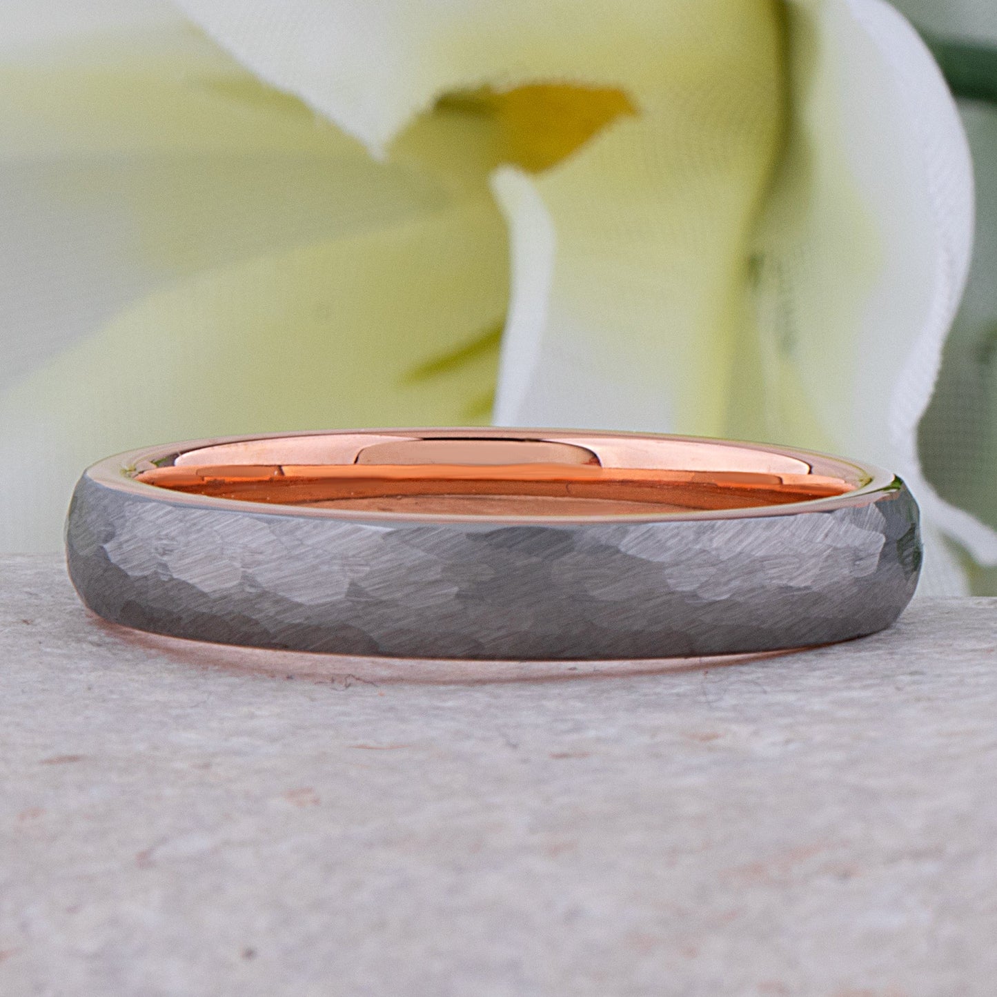 Tungsten Hammered Wedding Band with Rose Gold - 4mm Width
