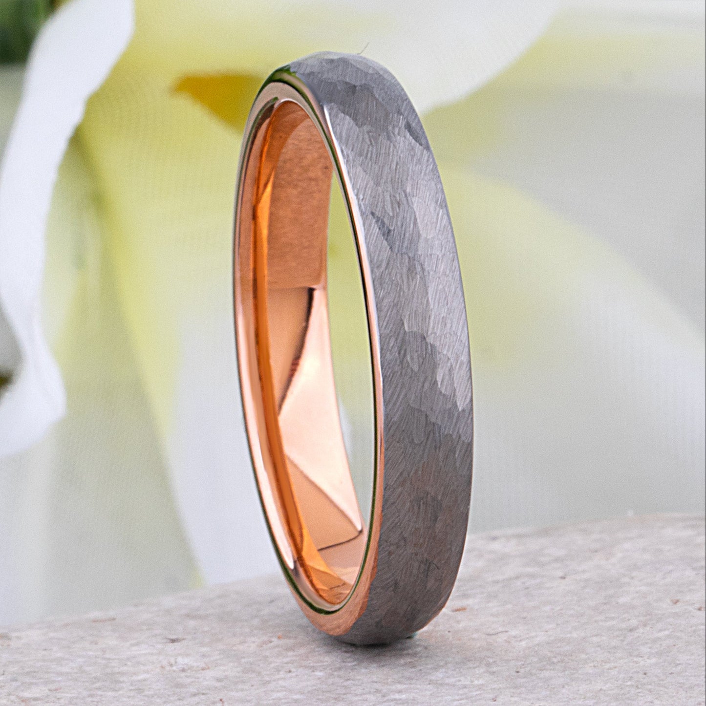Tungsten Hammered Wedding Band with Rose Gold - 4mm Width