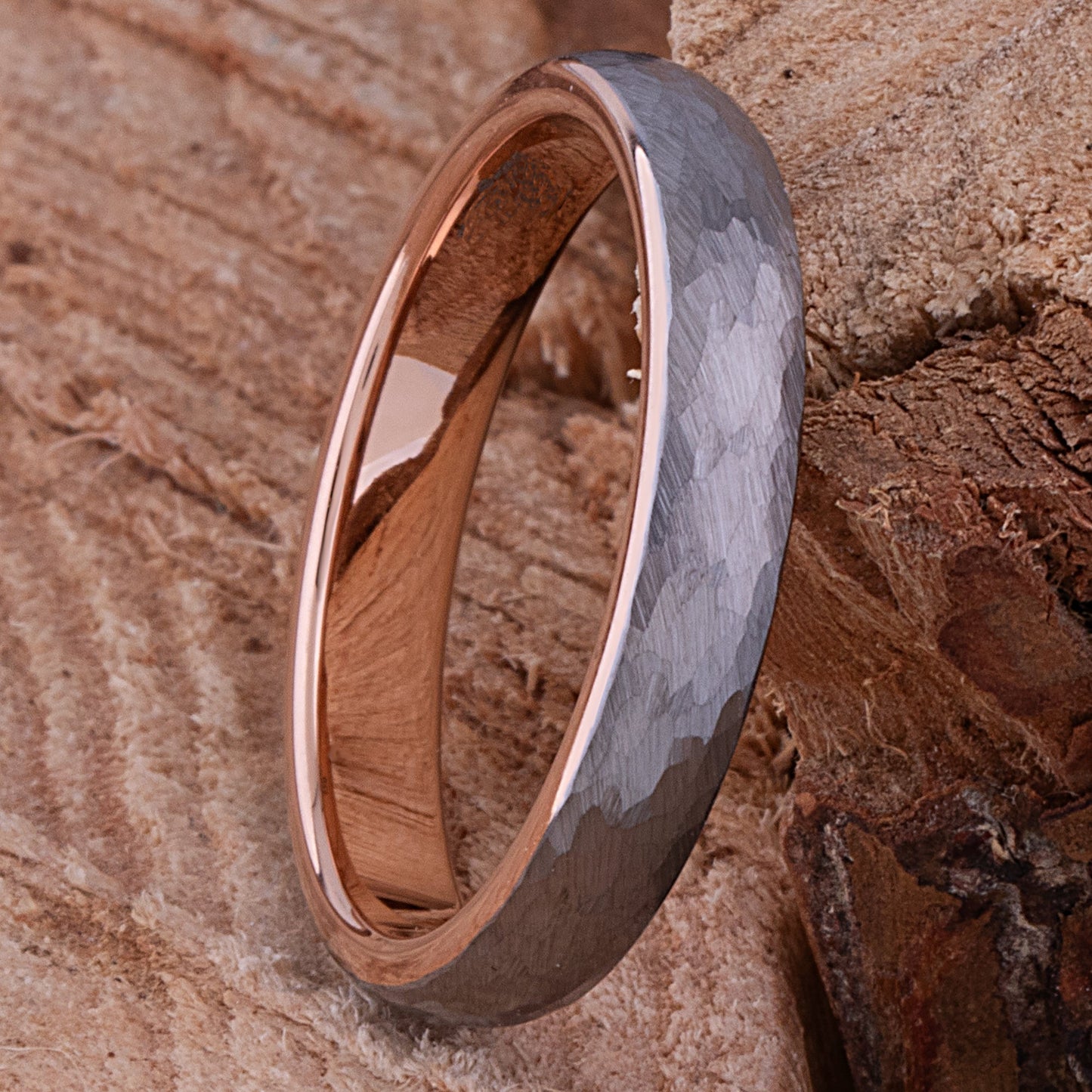 Tungsten Hammered Wedding Band with Rose Gold - 4mm Width