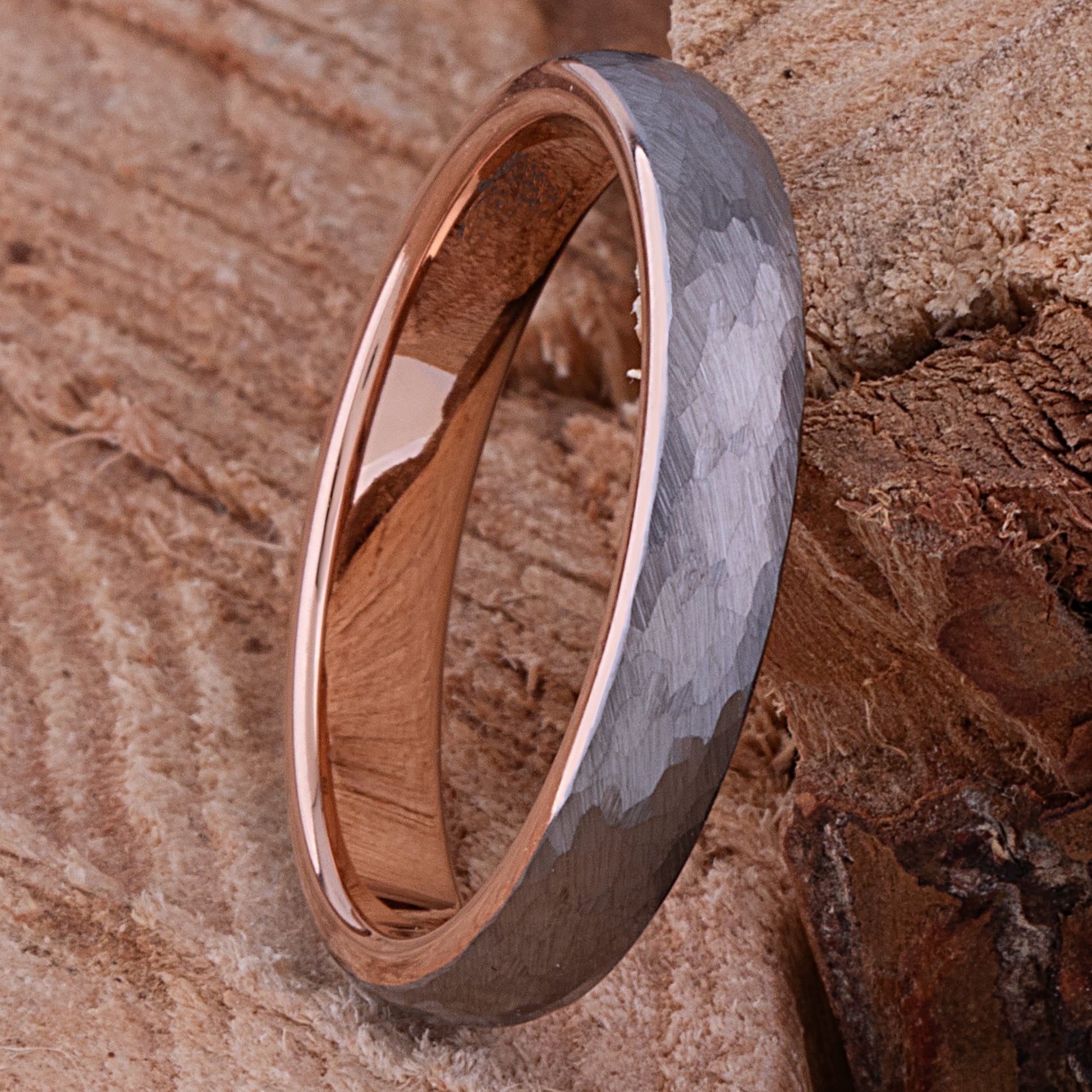 Tungsten Hammered Wedding Band with Rose Gold - 4mm Width