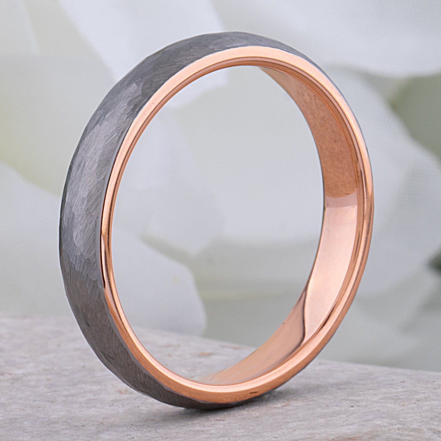 Tungsten Hammered Wedding Band with Rose Gold - 4mm Width