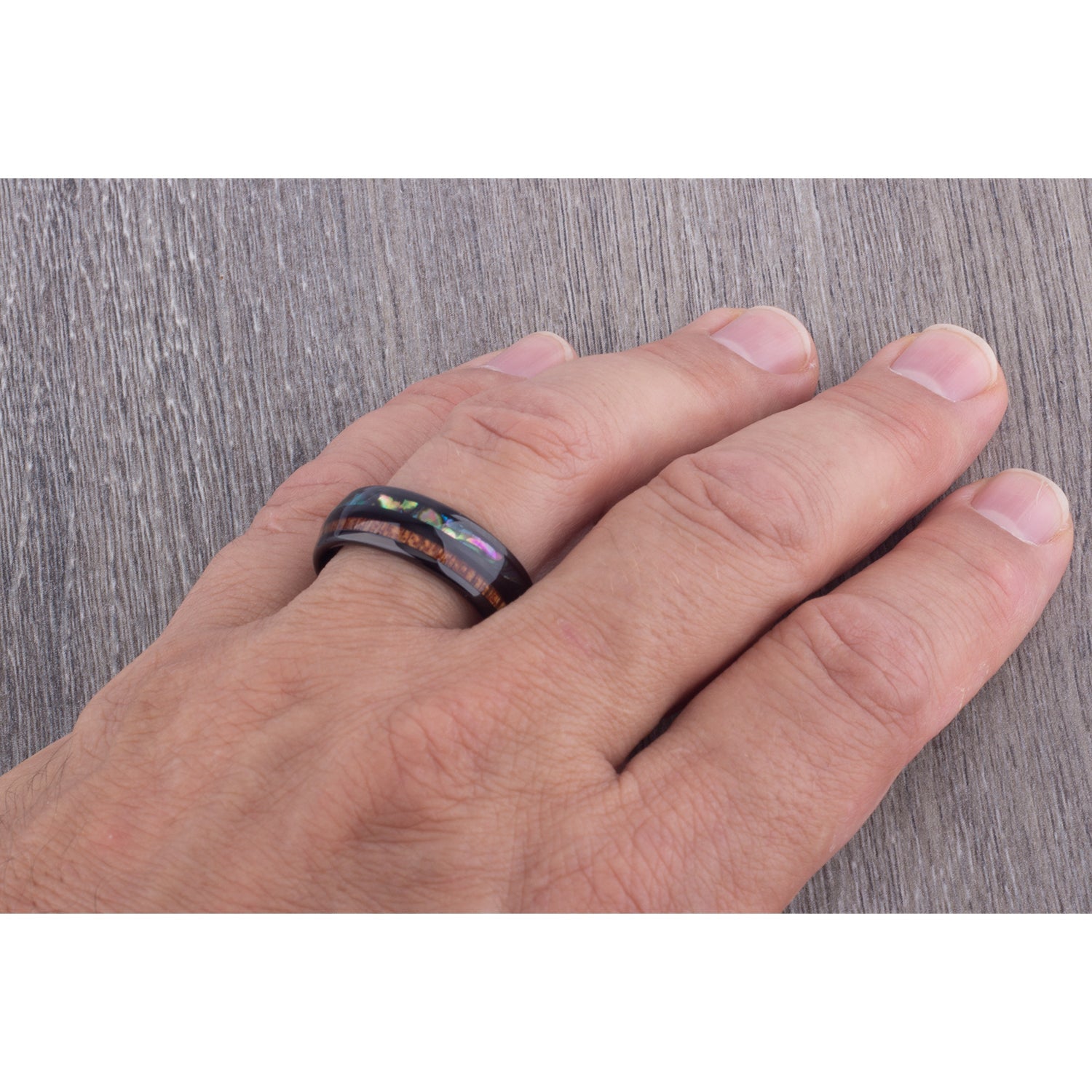 Black Tungsten Band with Koa Wood and Abalone Shell 8mm - TCR111 shell & wood engagement band or wedding ring or promise band